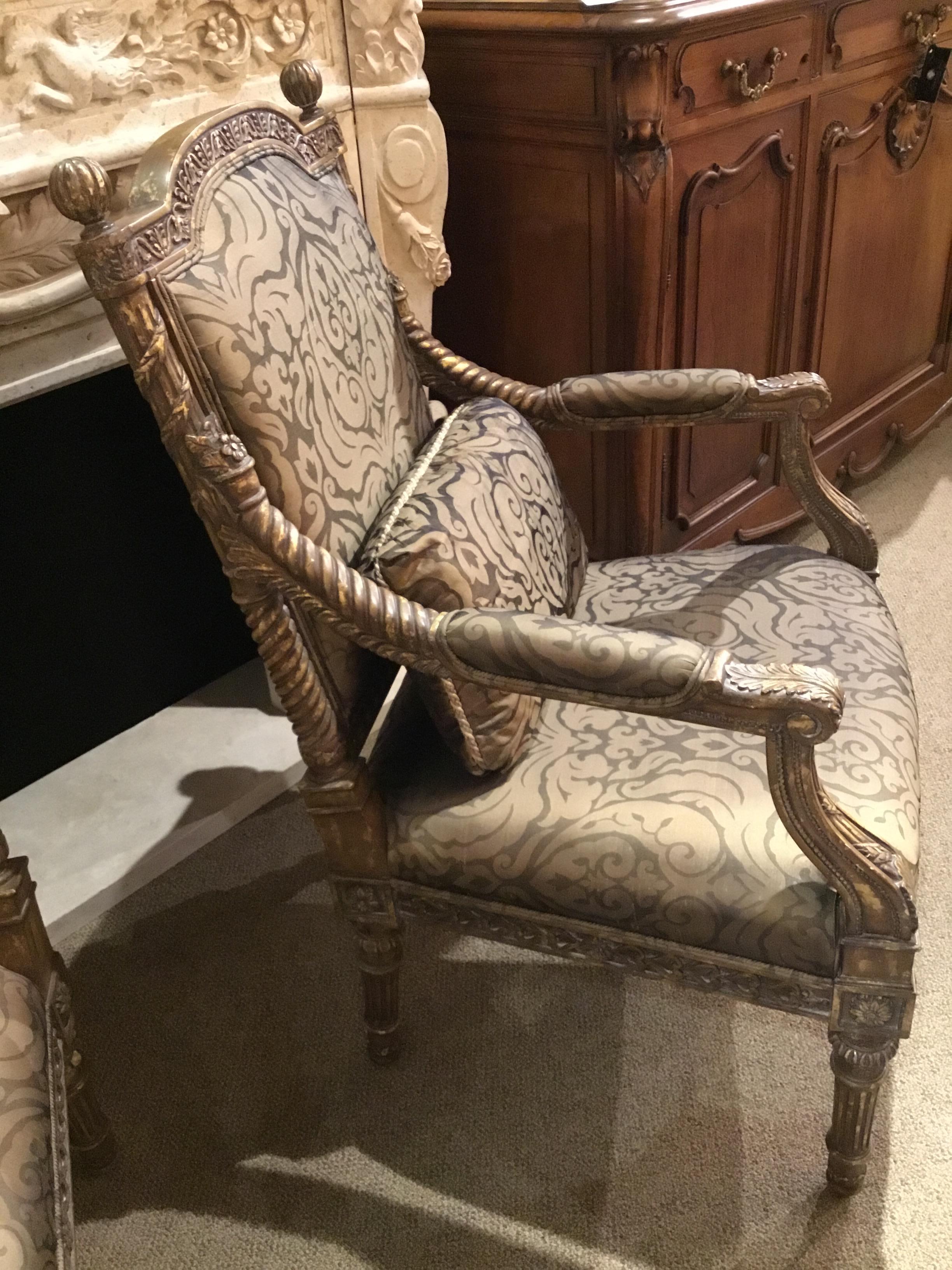 Pair of Louis XVI Style Chairs with Silk Upholstery In Good Condition For Sale In Houston, TX