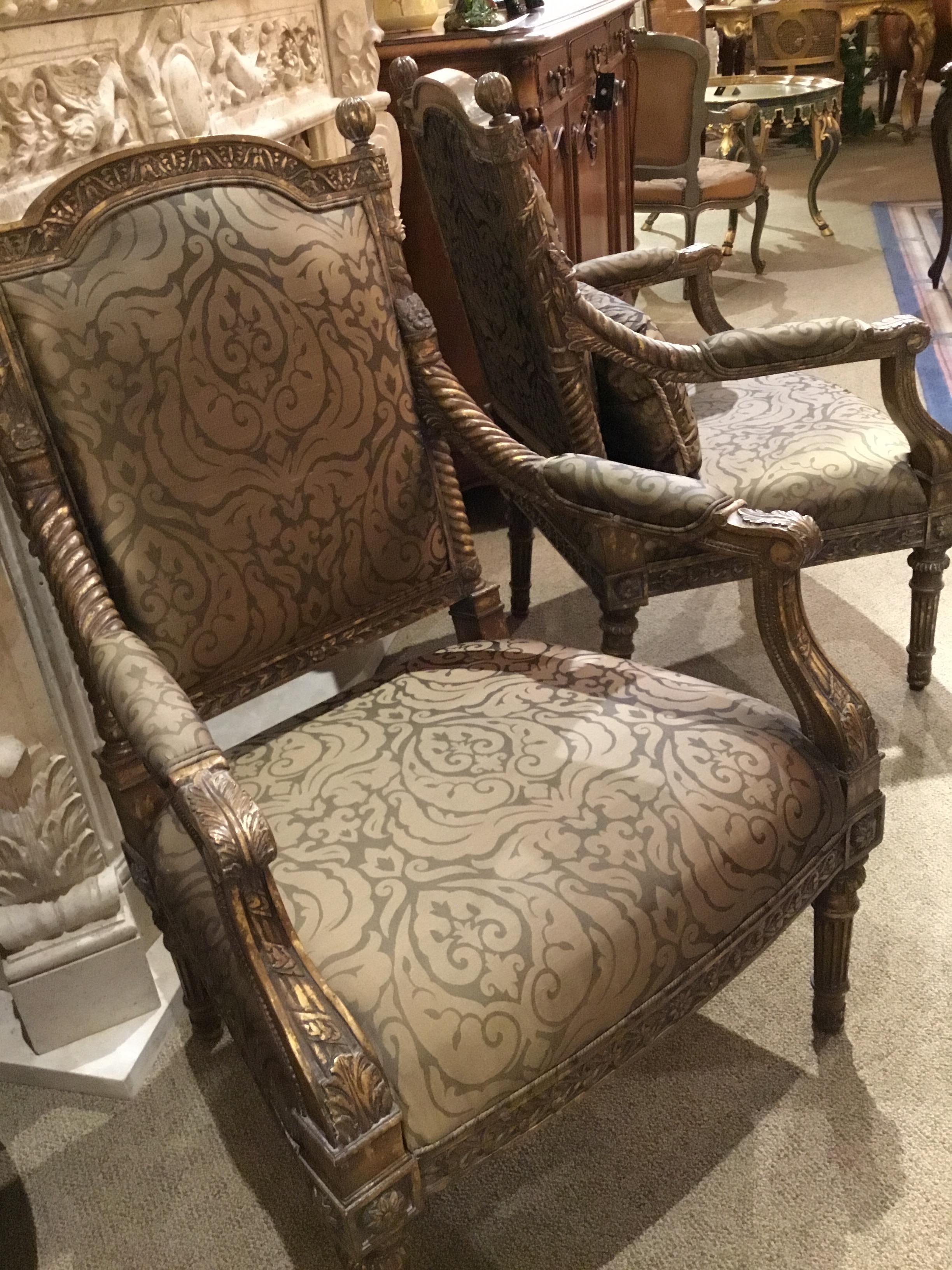 Contemporary Pair of Louis XVI Style Chairs with Silk Upholstery For Sale