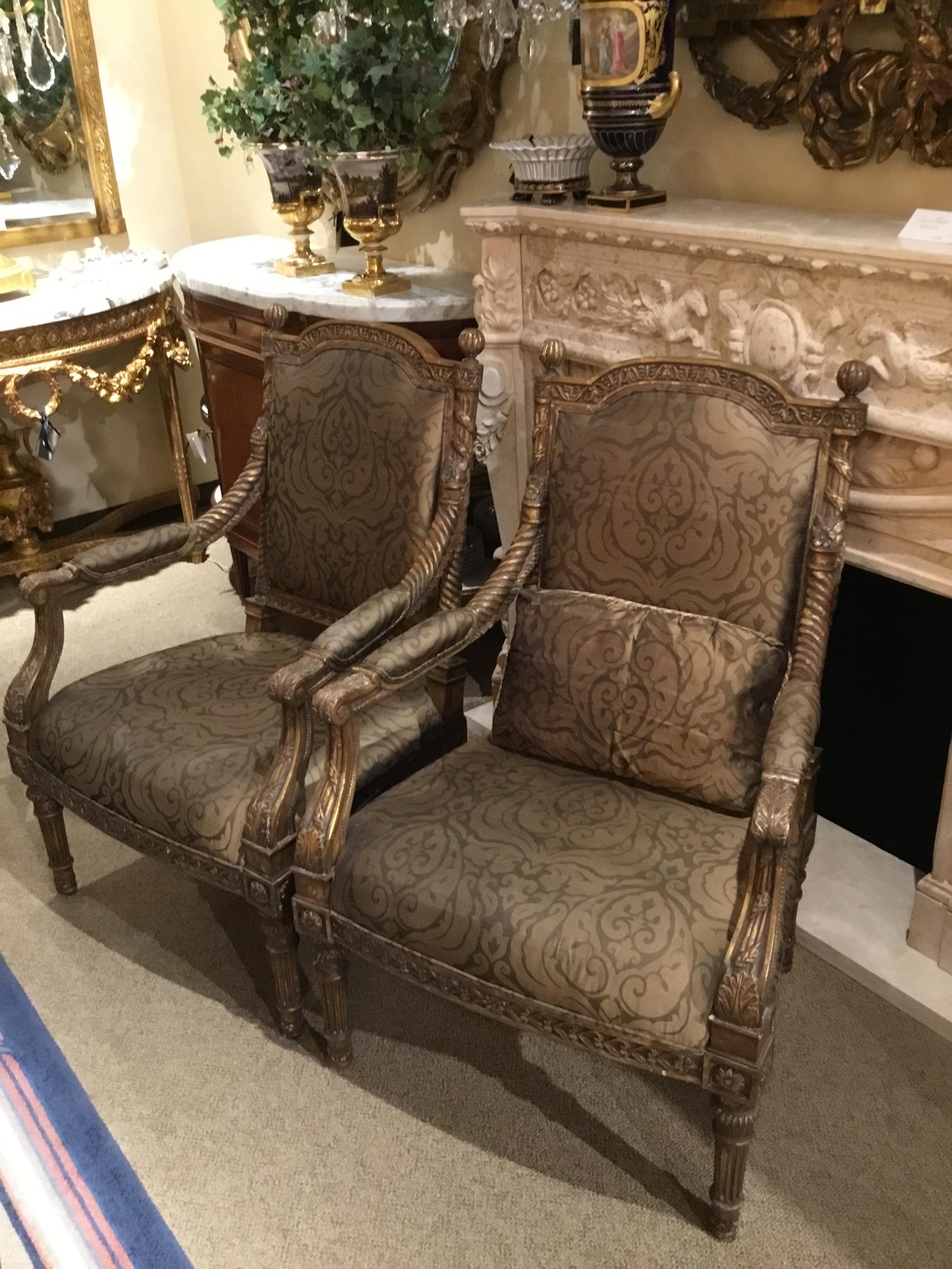 Hardwood Pair of Louis XVI Style Chairs with Silk Upholstery For Sale