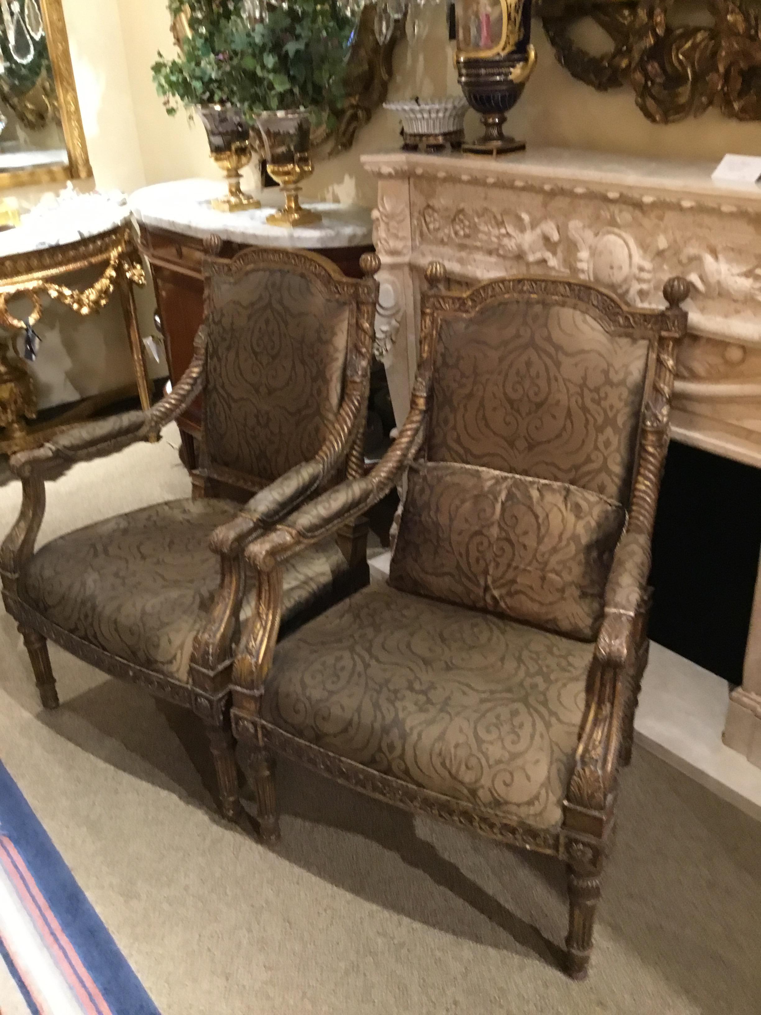 Pair of Louis XVI Style Chairs with Silk Upholstery For Sale 1