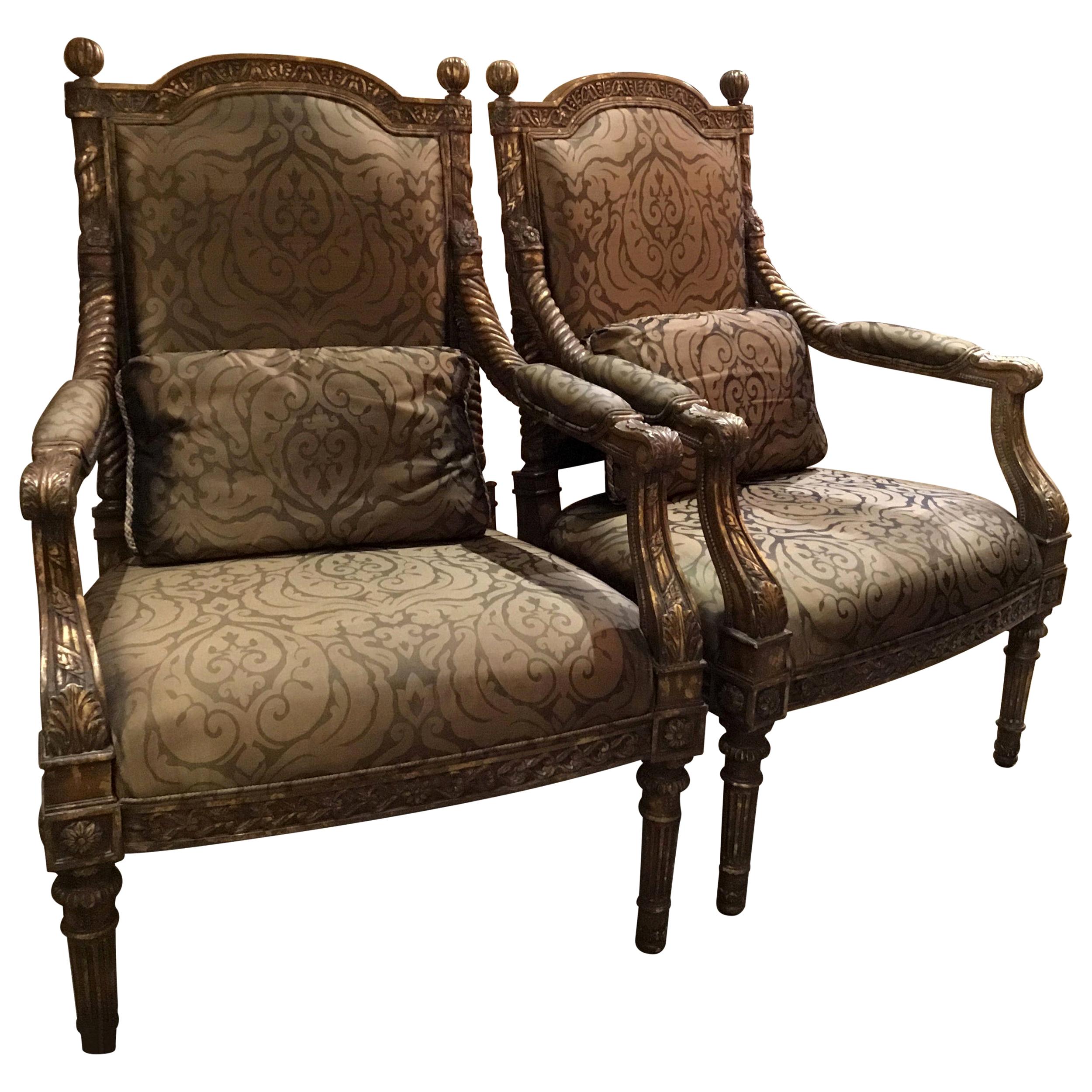 Pair of Louis XVI Style Chairs with Silk Upholstery For Sale