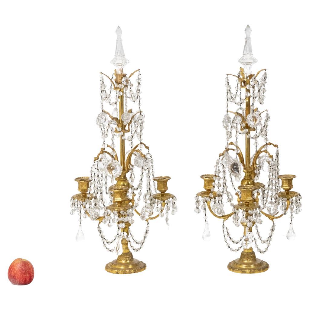 Pair of Louis XVI style chandeliers in bronze and crystal, circa 1900 For Sale