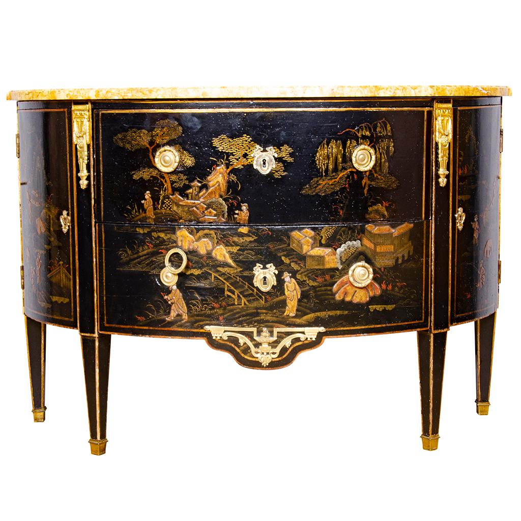 French Pair of Louis XVI Style Chinoiserie Decorated Demilune Commodes