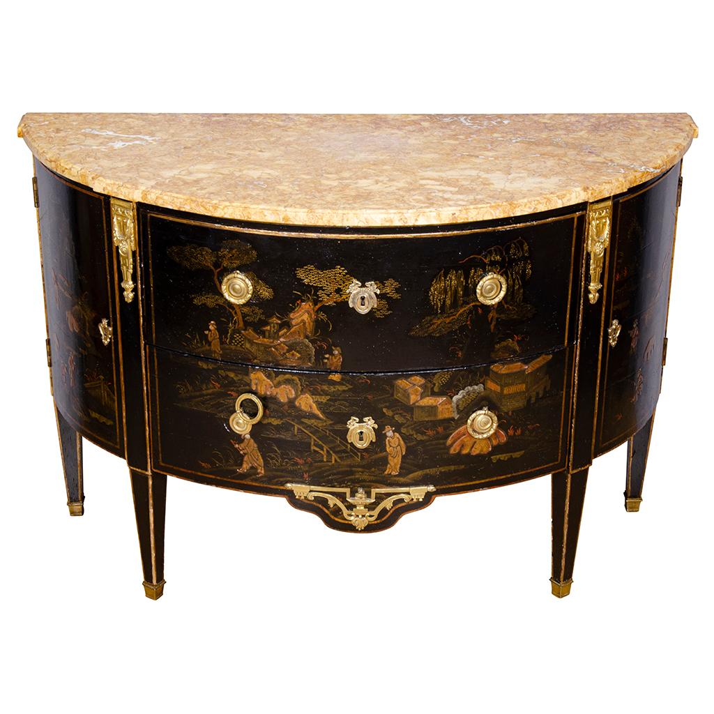 Pair of Louis XVI Style Chinoiserie Decorated Demilune Commodes In Good Condition In Essex, MA