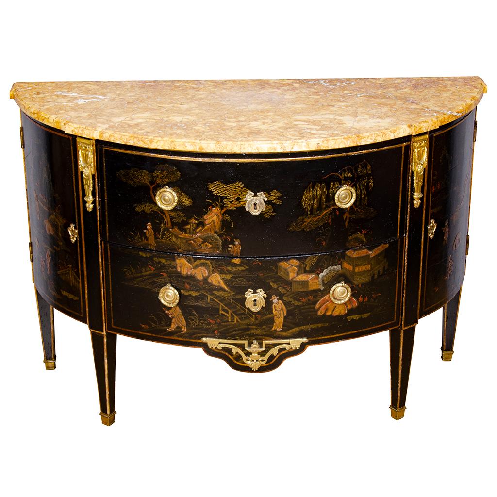 Late 18th Century Pair of Louis XVI Style Chinoiserie Decorated Demilune Commodes