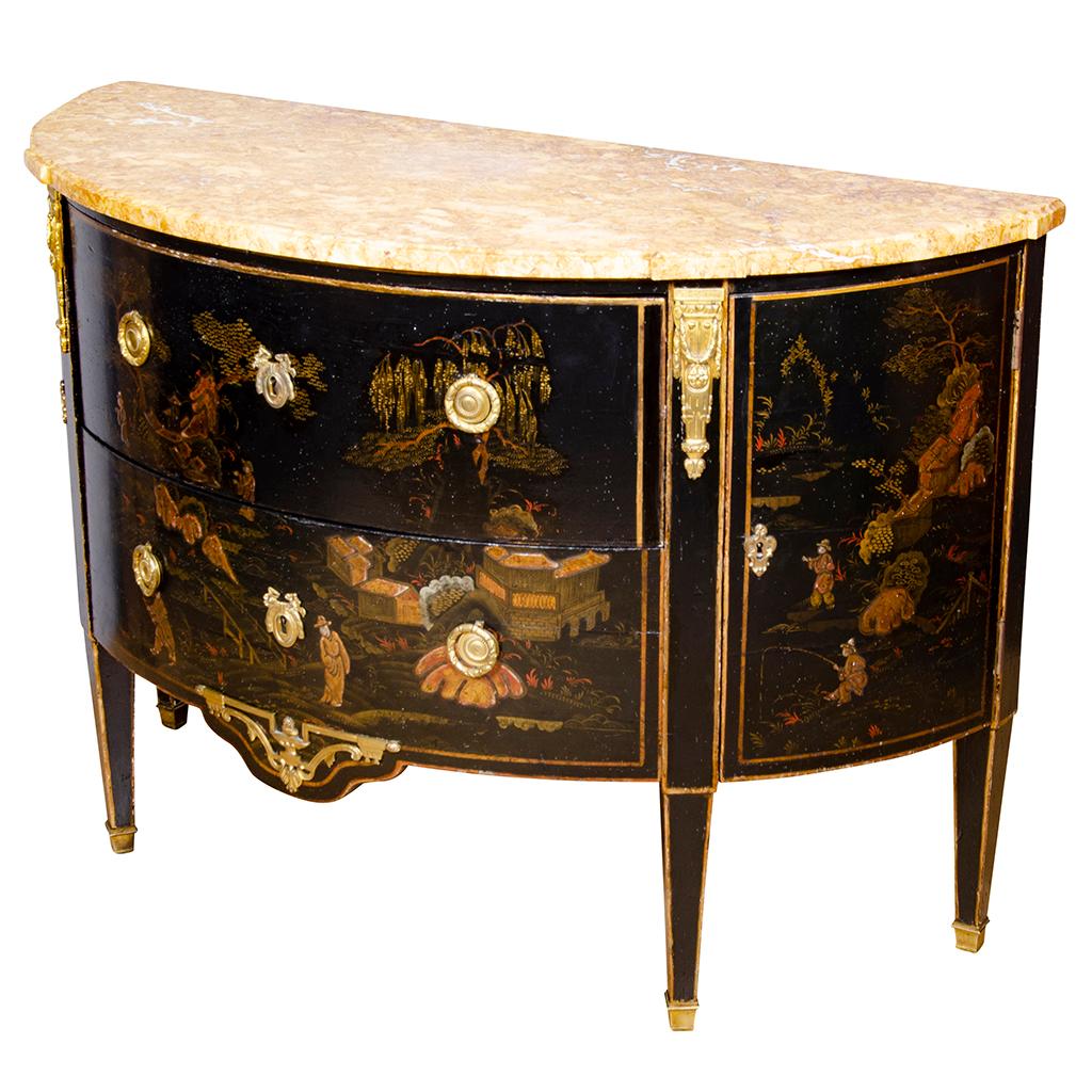 Oak Pair of Louis XVI Style Chinoiserie Decorated Demilune Commodes