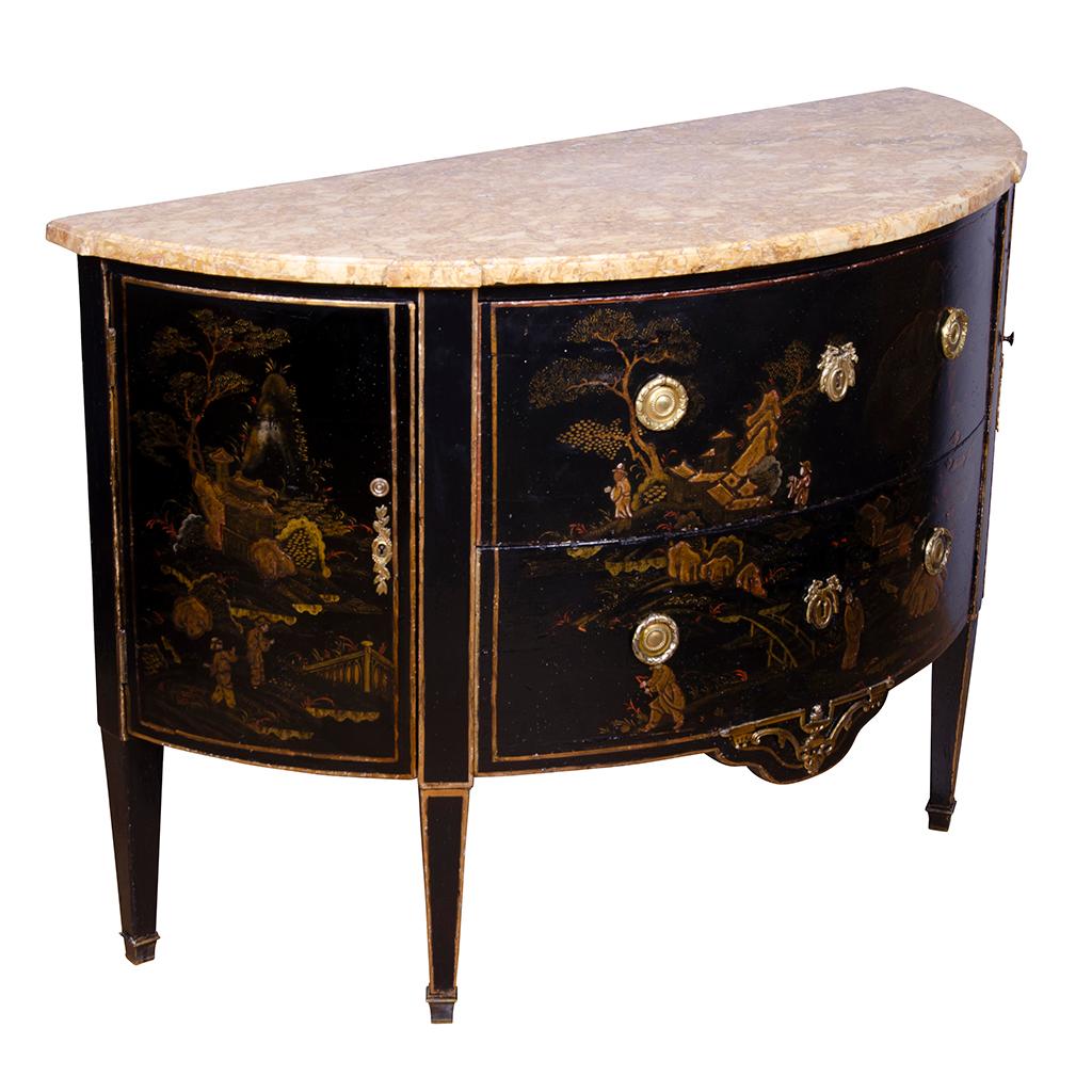 Pair of Louis XVI Style Chinoiserie Decorated Demilune Commodes 1
