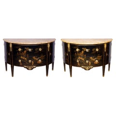 Pair of Louis XVI Style Chinoiserie Decorated Demilune Commodes