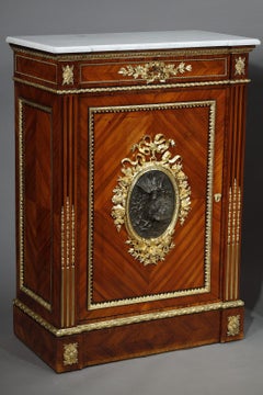 Pair of Louis XVI Style Commodes in Marquetry Wood and Gilt Bronze