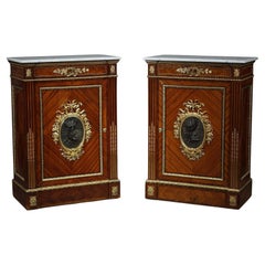 Pair of Louis XVI Style Commodes in Marquetry Wood and Gilt Bronze