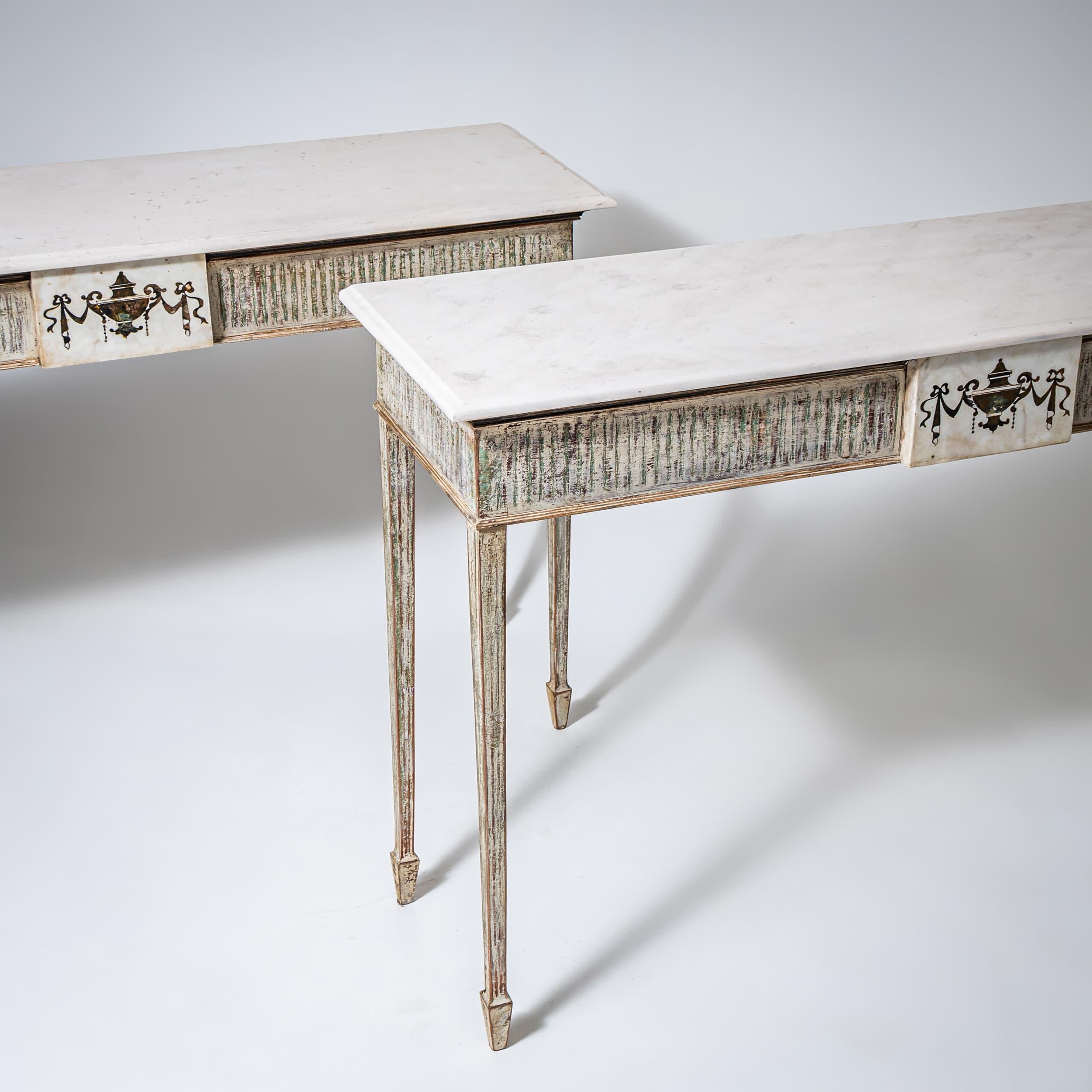 Italian Pair of Louis XVI Style Consoles with Cast Stone Tops, 20th Century For Sale