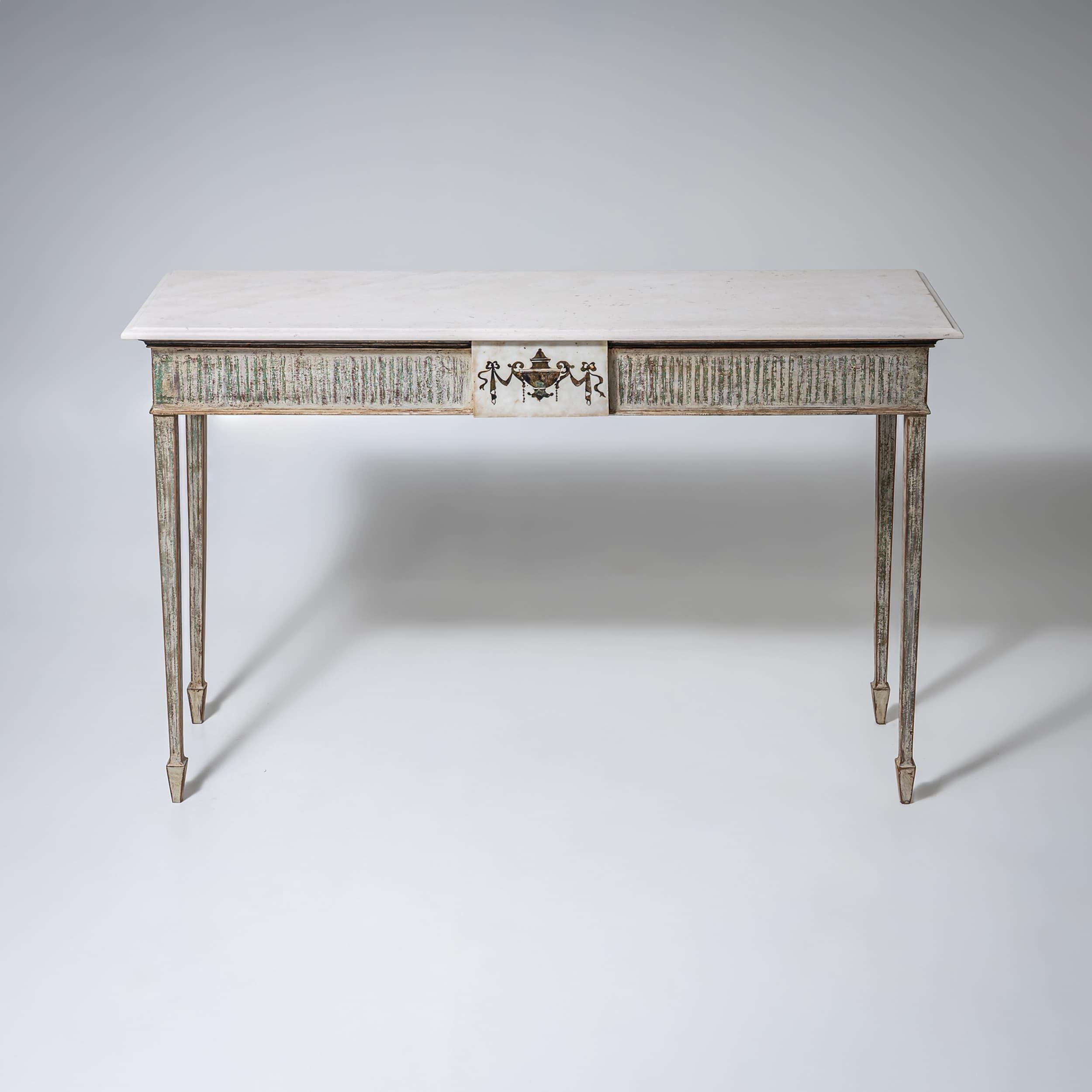 Hand-Painted Pair of Louis XVI Style Consoles with Cast Stone Tops, 20th Century For Sale