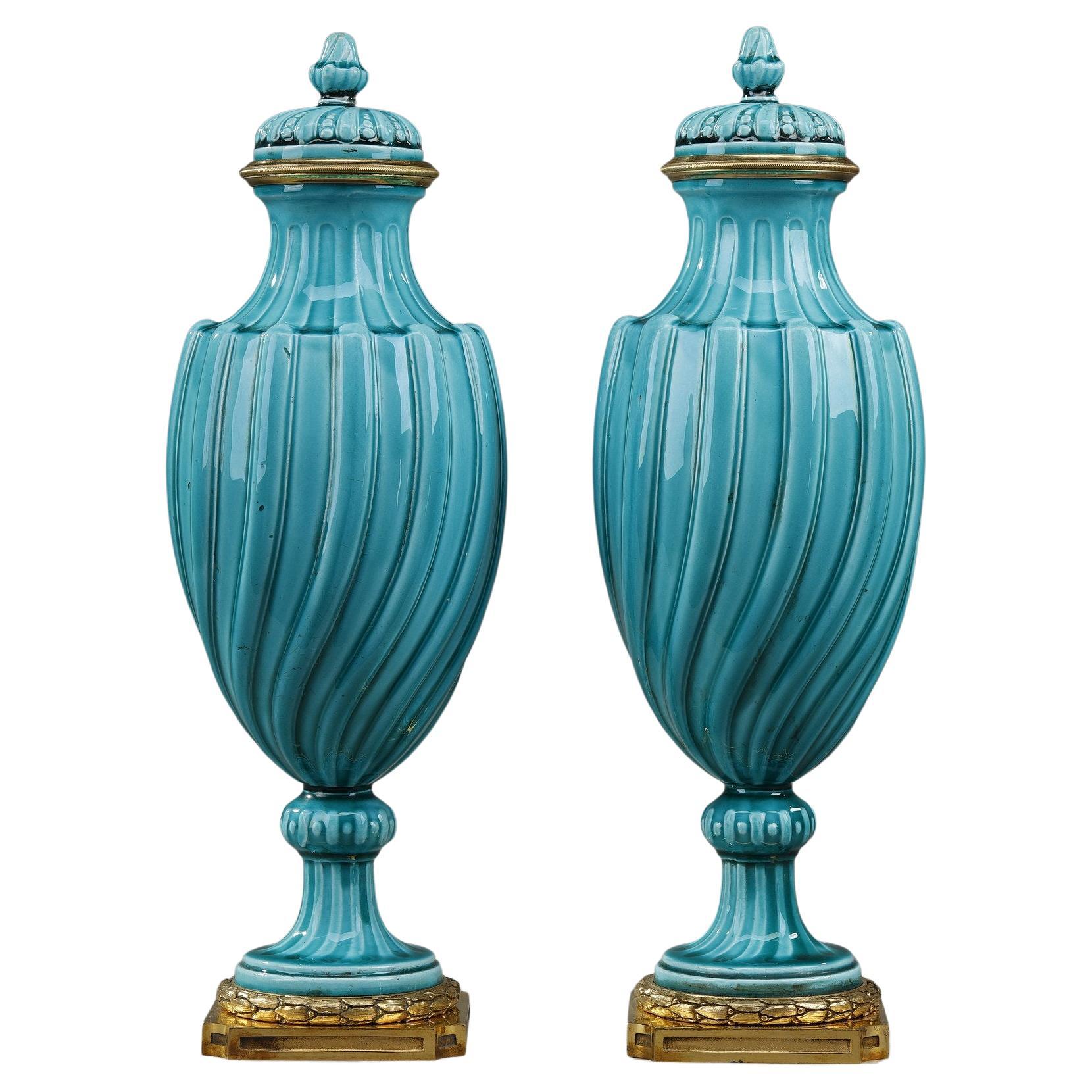 Pair of Louis XVI Style Covered Vases in Ceramic For Sale