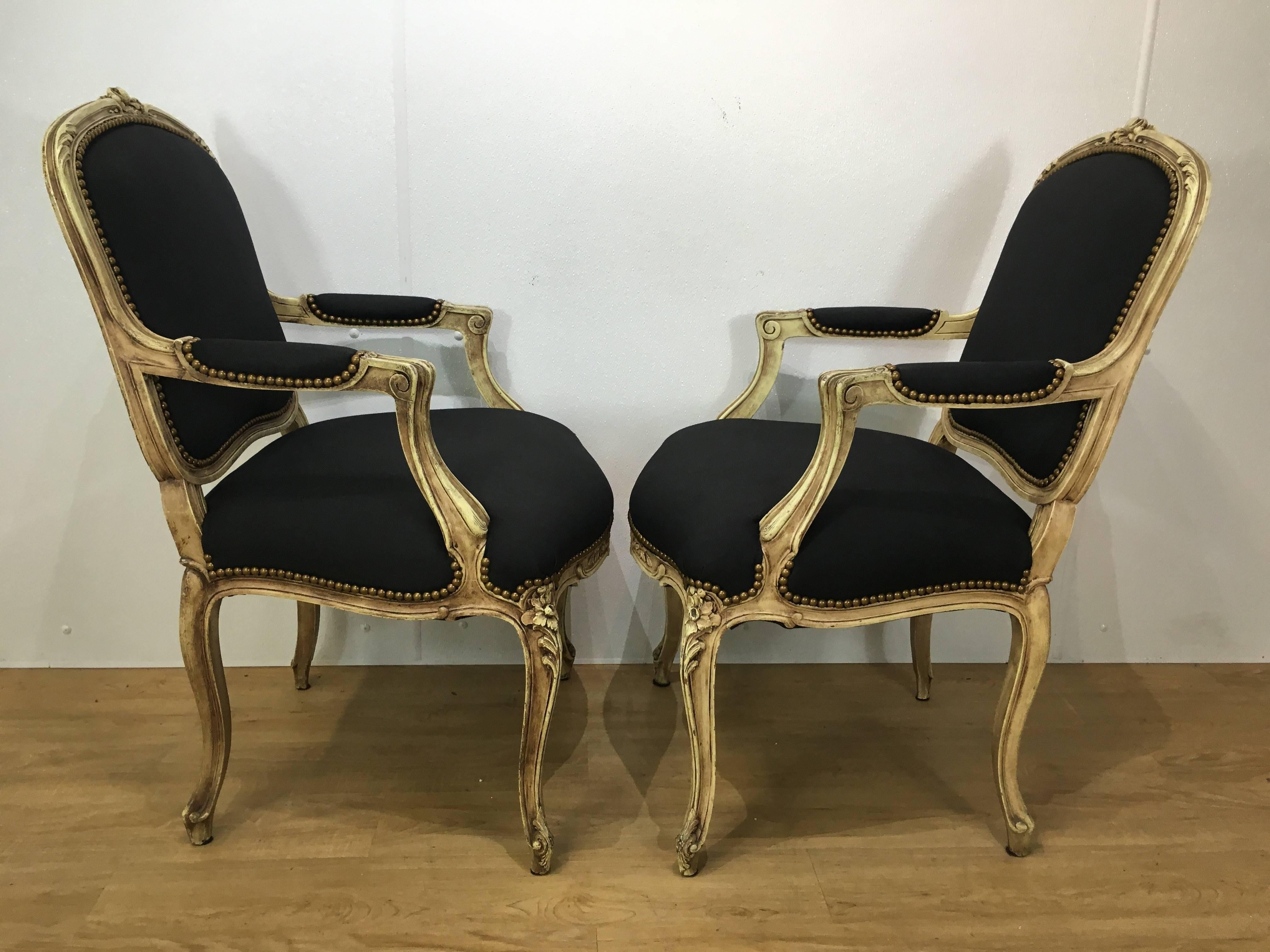 French Pair of Louis XVI Style Cream Painted Armchairs of Fauteuils