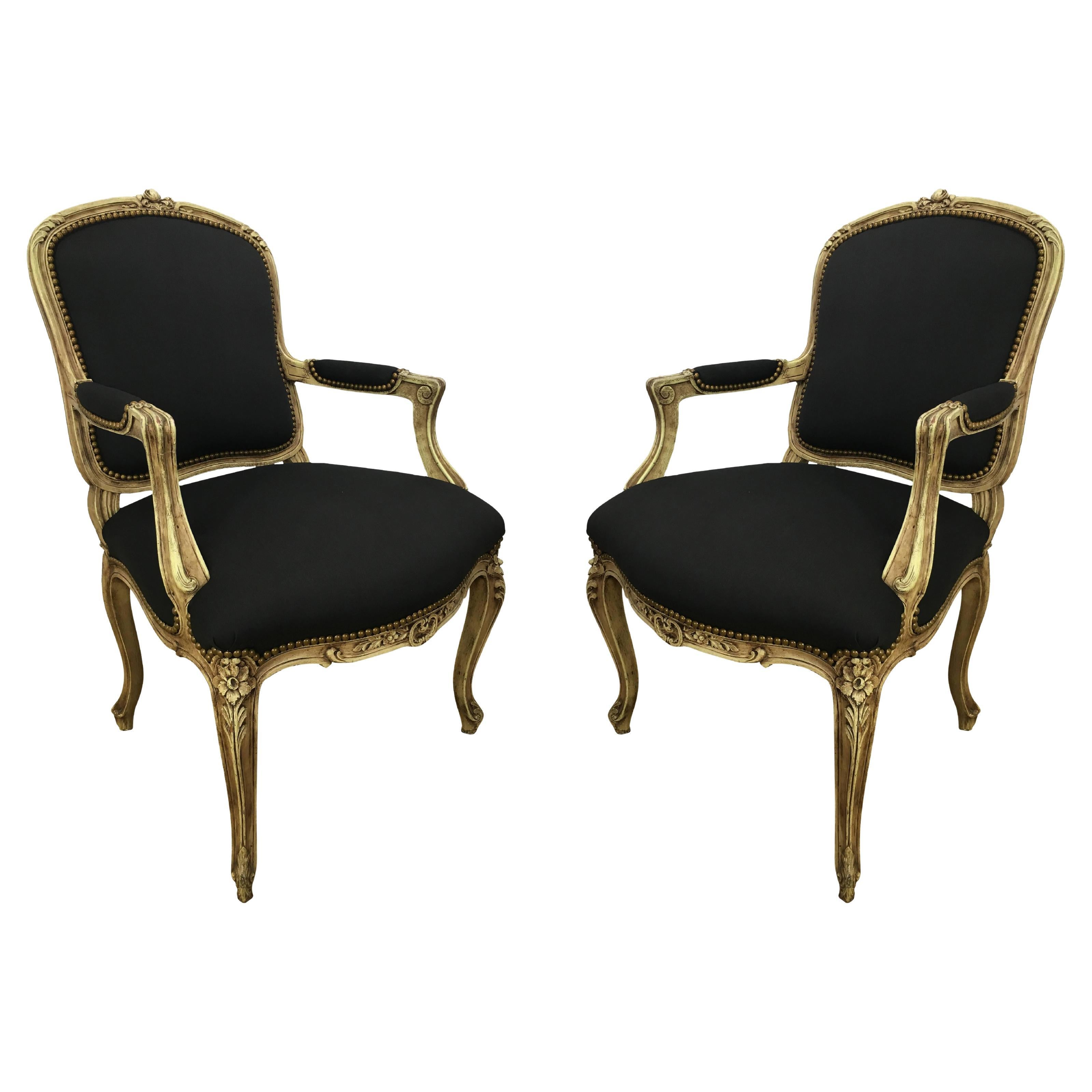 Pair of Louis XVI Style Cream Painted Armchairs of Fauteuils
