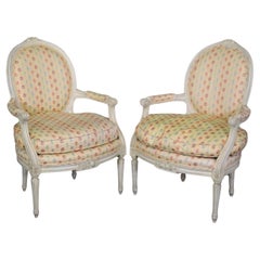 Vintage Pair of Louis XVI Style Creme Paint Decorated Armchairs