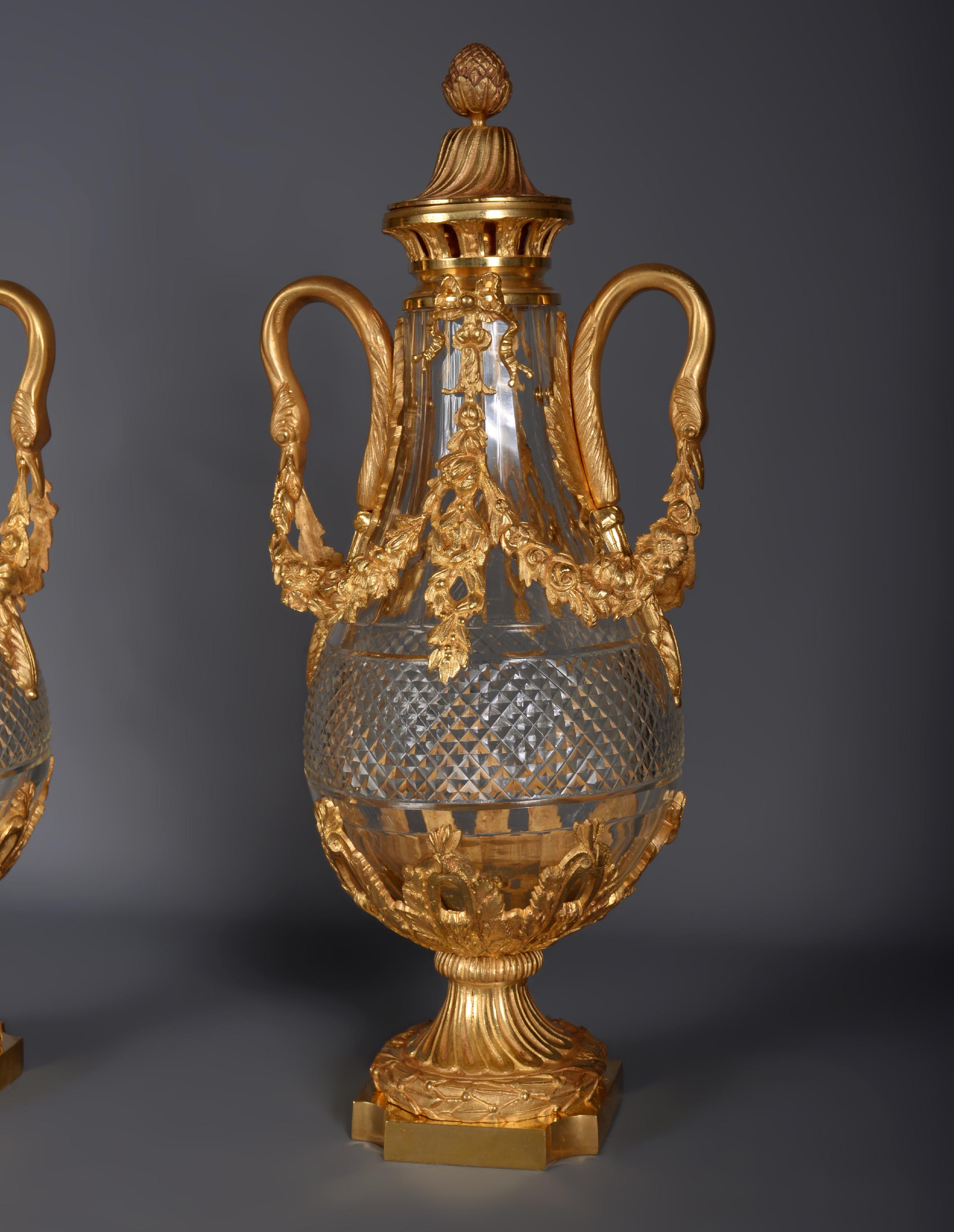 French Pair of Louis XVI style crystal and gilt bronze vases For Sale
