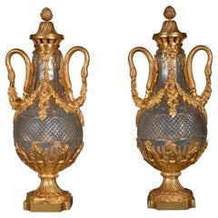 Antique Pair of Louis XVI style crystal and gilt bronze vases