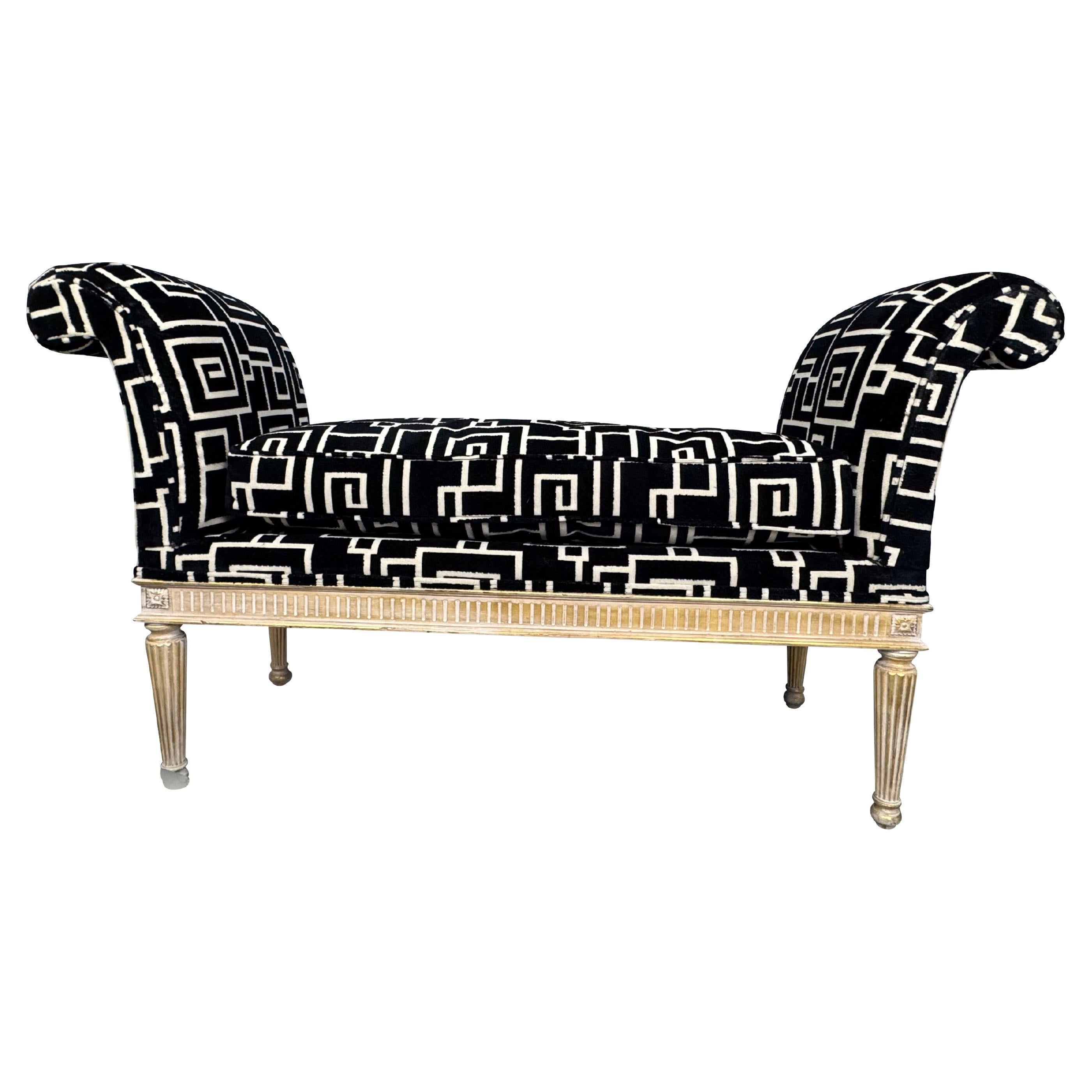 Louis XVI Style Curved Arm Benches in a Geometric Black and White Fabric For Sale