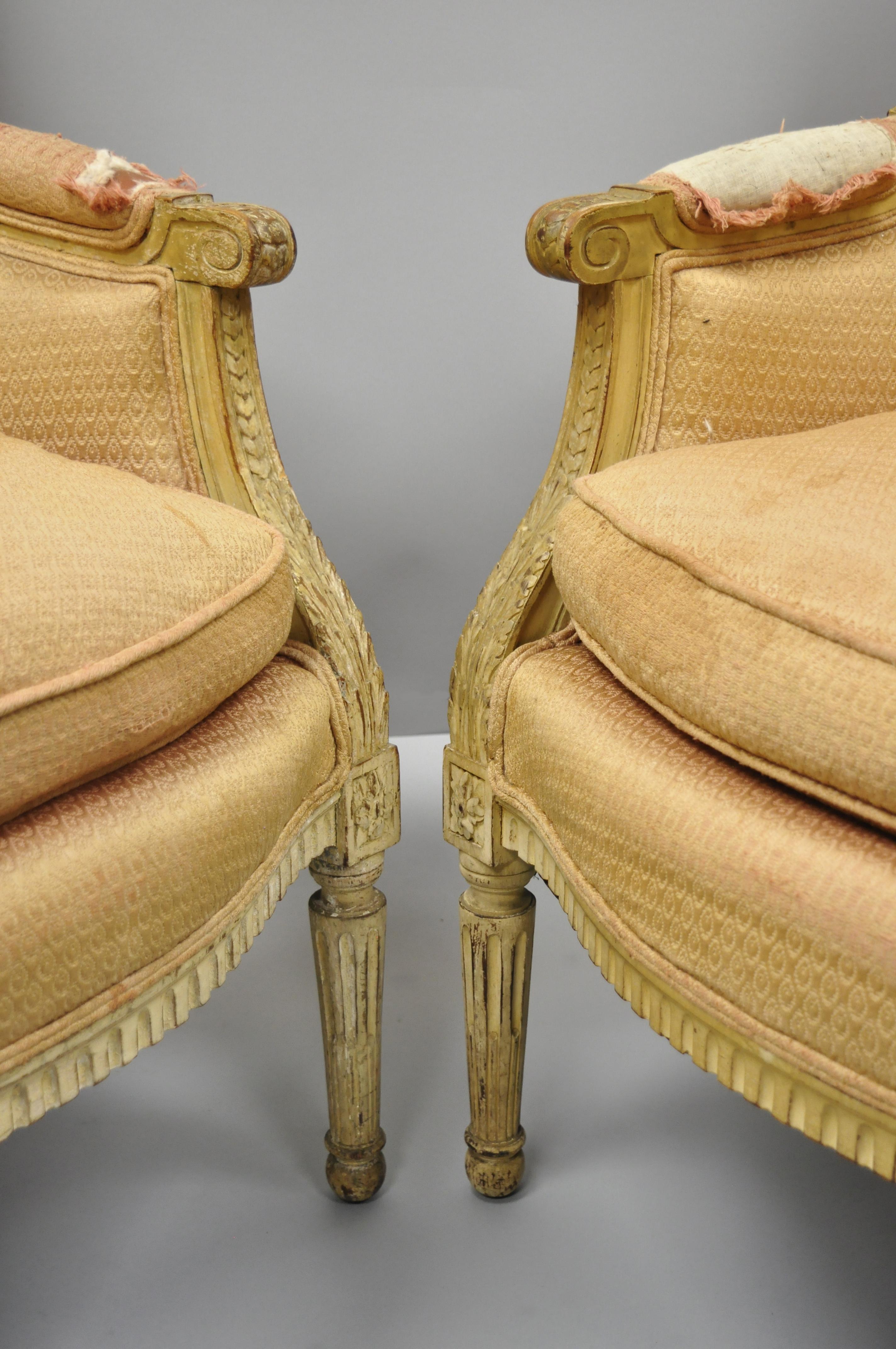 Pair French Louis XVI Style Distress Painted Bergere Armchairs Att Maison Jansen In Good Condition In Philadelphia, PA
