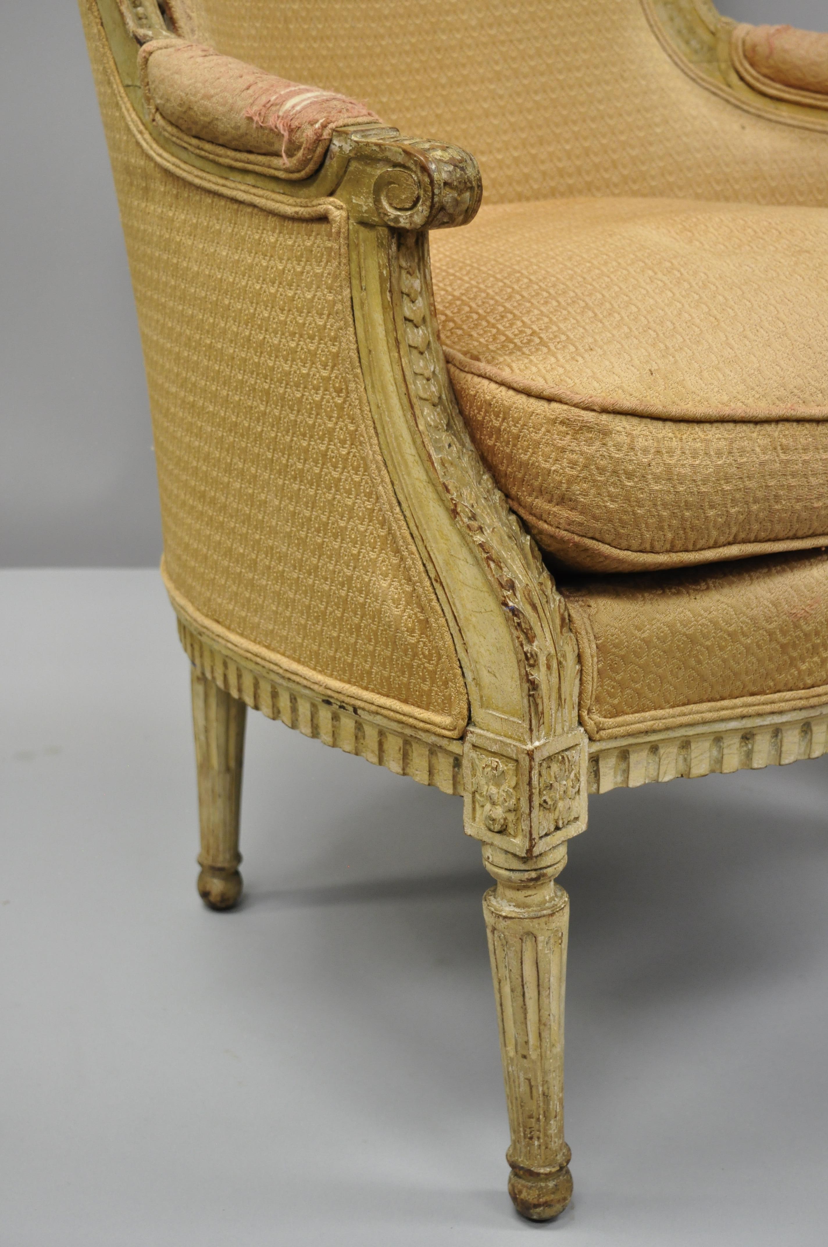 Early 20th Century Pair French Louis XVI Style Distress Painted Bergere Armchairs Att Maison Jansen