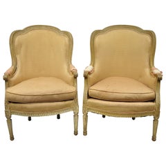Pair French Louis XVI Style Distress Painted Bergere Armchairs Att Maison Jansen