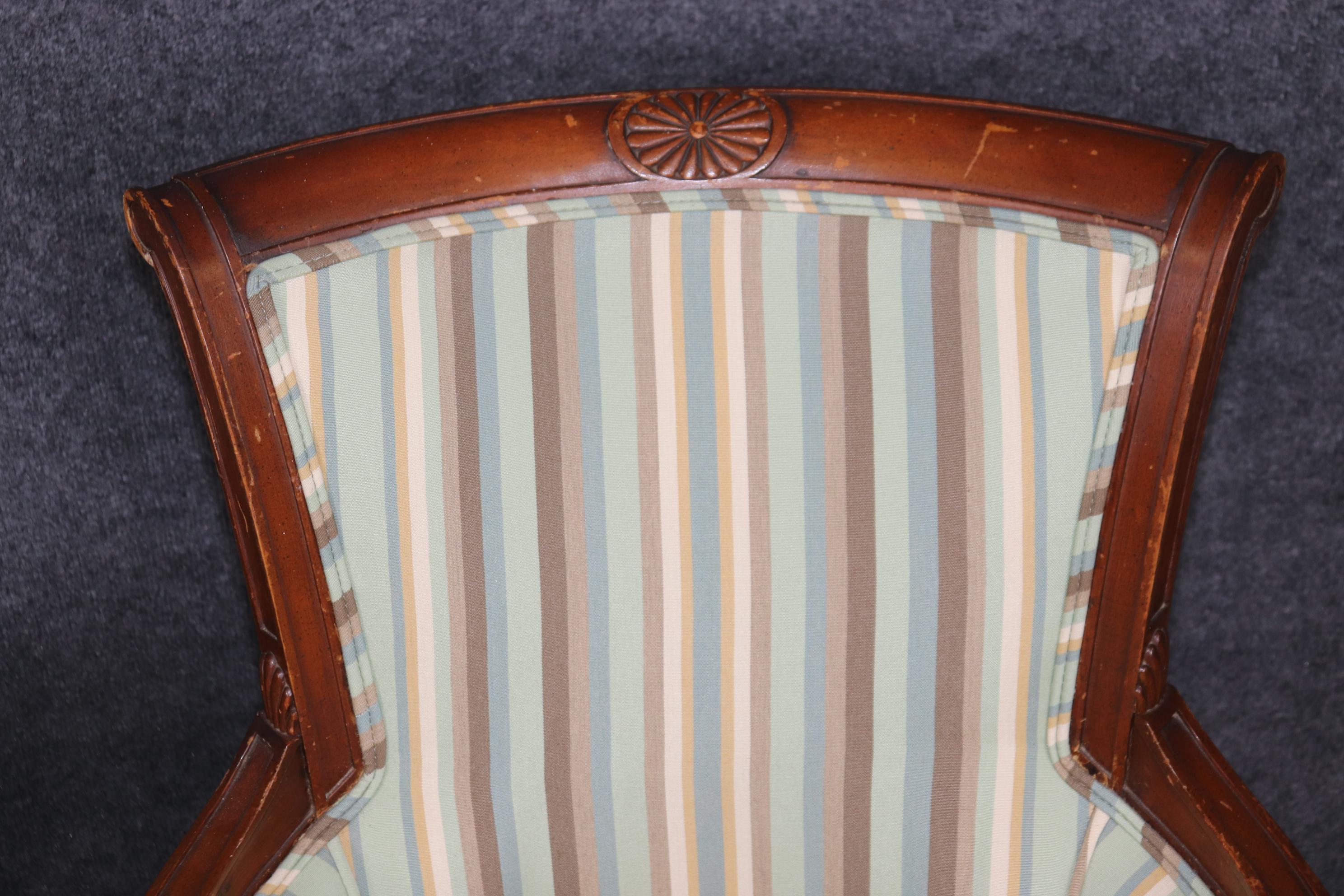 Pair of Louis XVI Style Distressed Carved Wood Bergere Chairs With Upholstery For Sale 8
