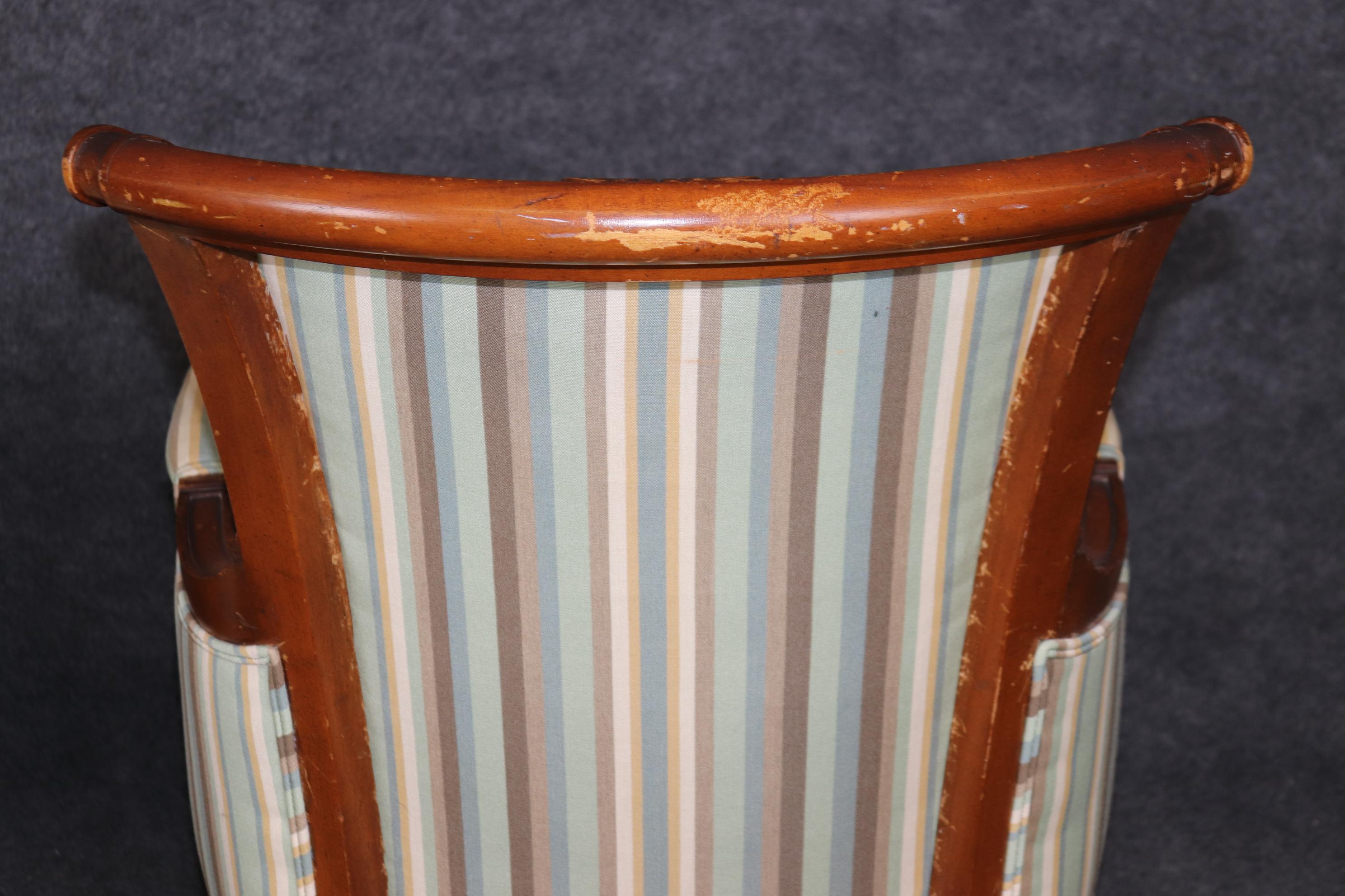 Pair of Louis XVI Style Distressed Carved Wood Bergere Chairs With Upholstery For Sale 10
