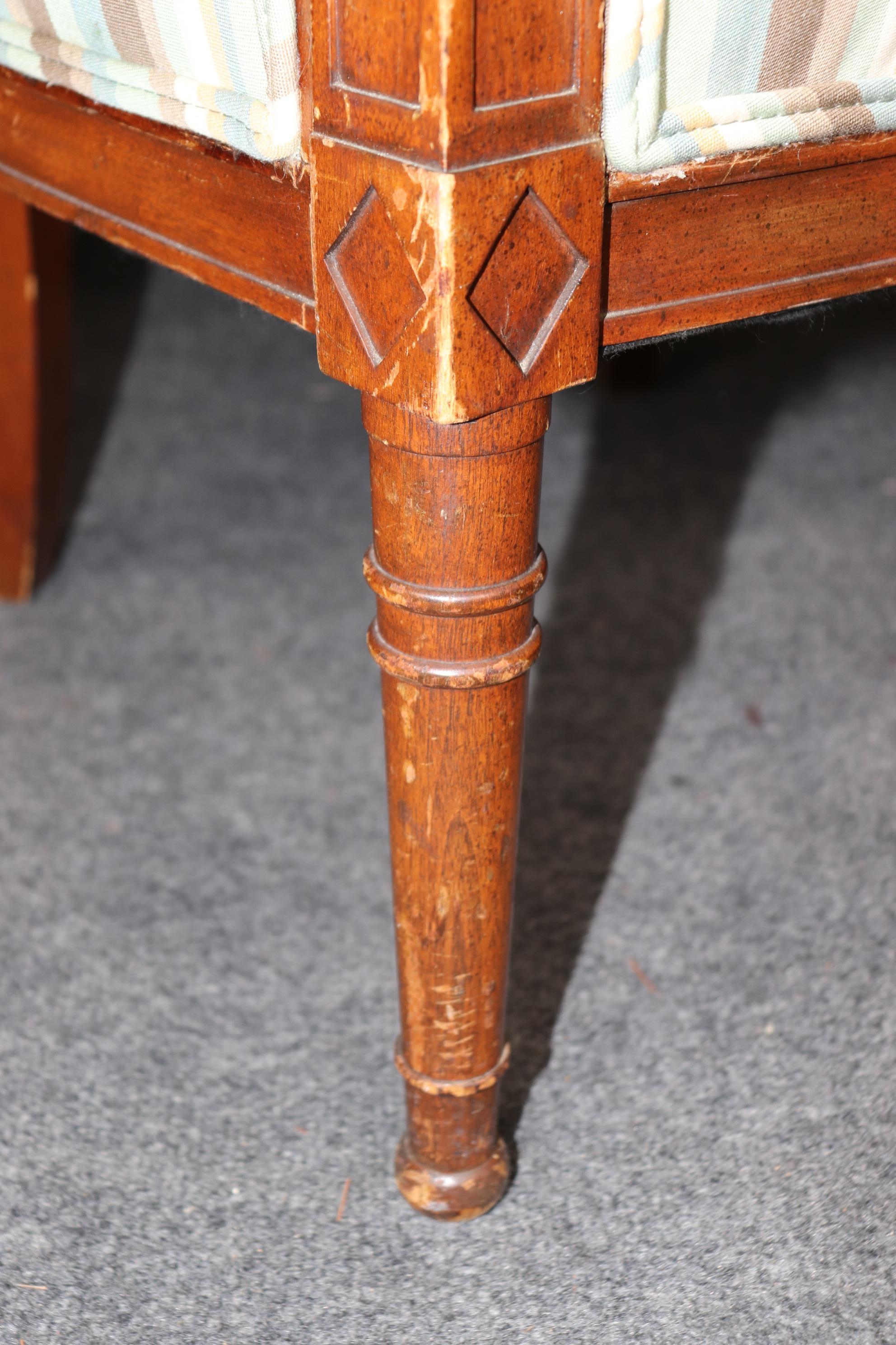 Pair of Louis XVI Style Distressed Carved Wood Bergere Chairs With Upholstery For Sale 3