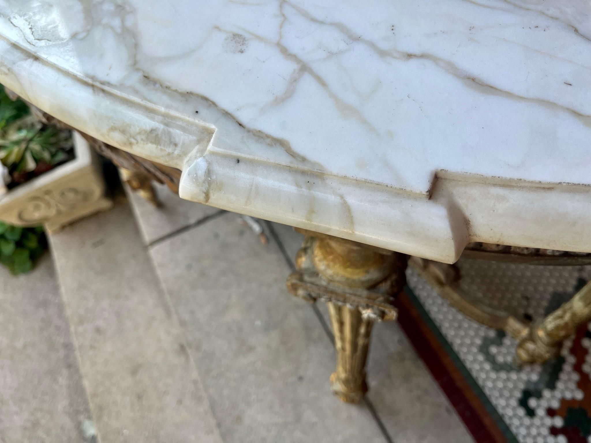 Pair Of Louis XVI Style Distressed Paint and Parcel Gilt Marble Topped Consoles 12