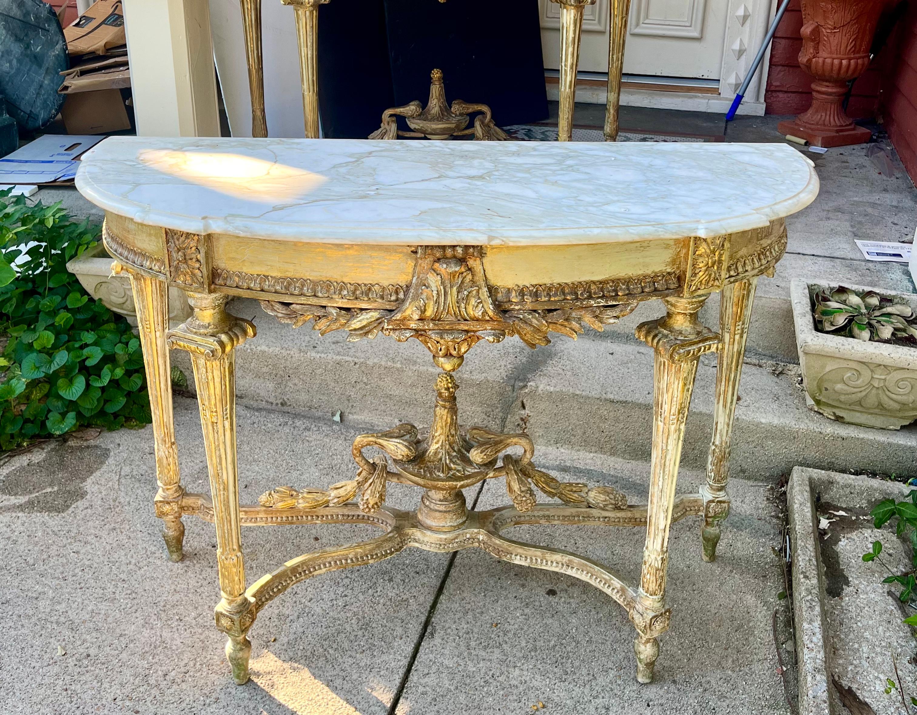 Pair Of Louis XVI Style Distressed Paint and Parcel Gilt Marble Topped Consoles 14
