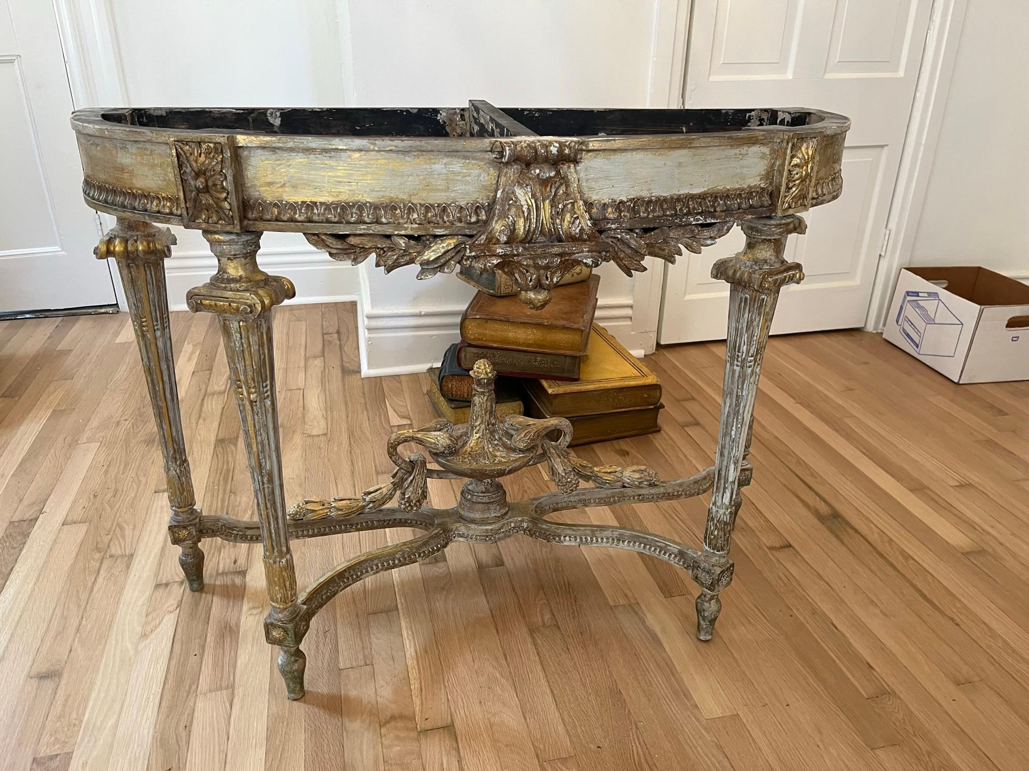 French Pair Of Louis XVI Style Distressed Paint and Parcel Gilt Marble Topped Consoles