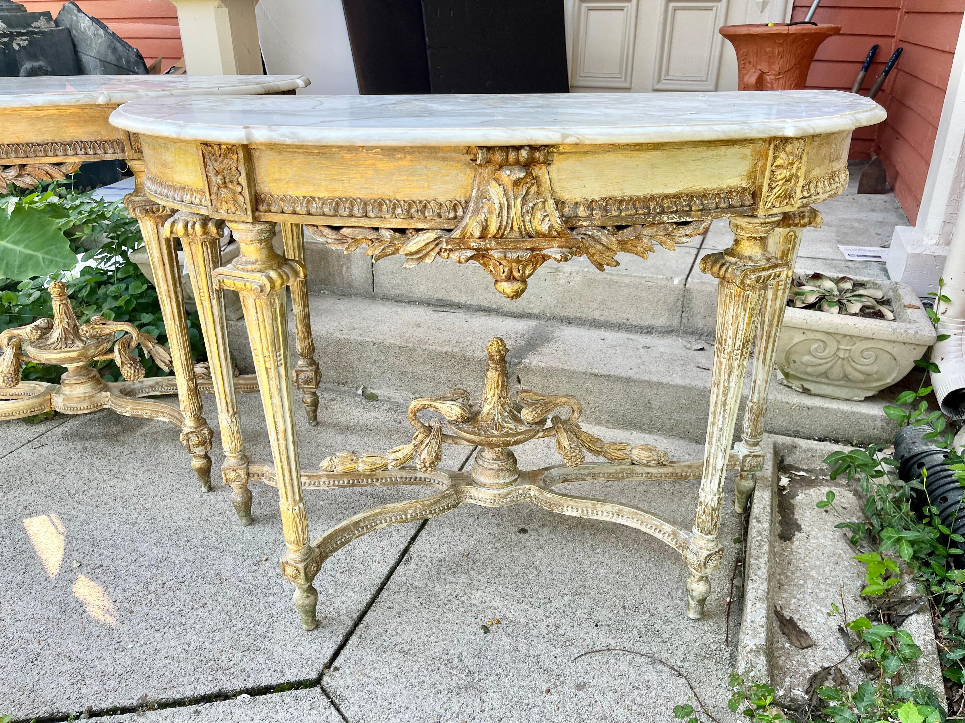 Pair Of Louis XVI Style Distressed Paint and Parcel Gilt Marble Topped Consoles 2