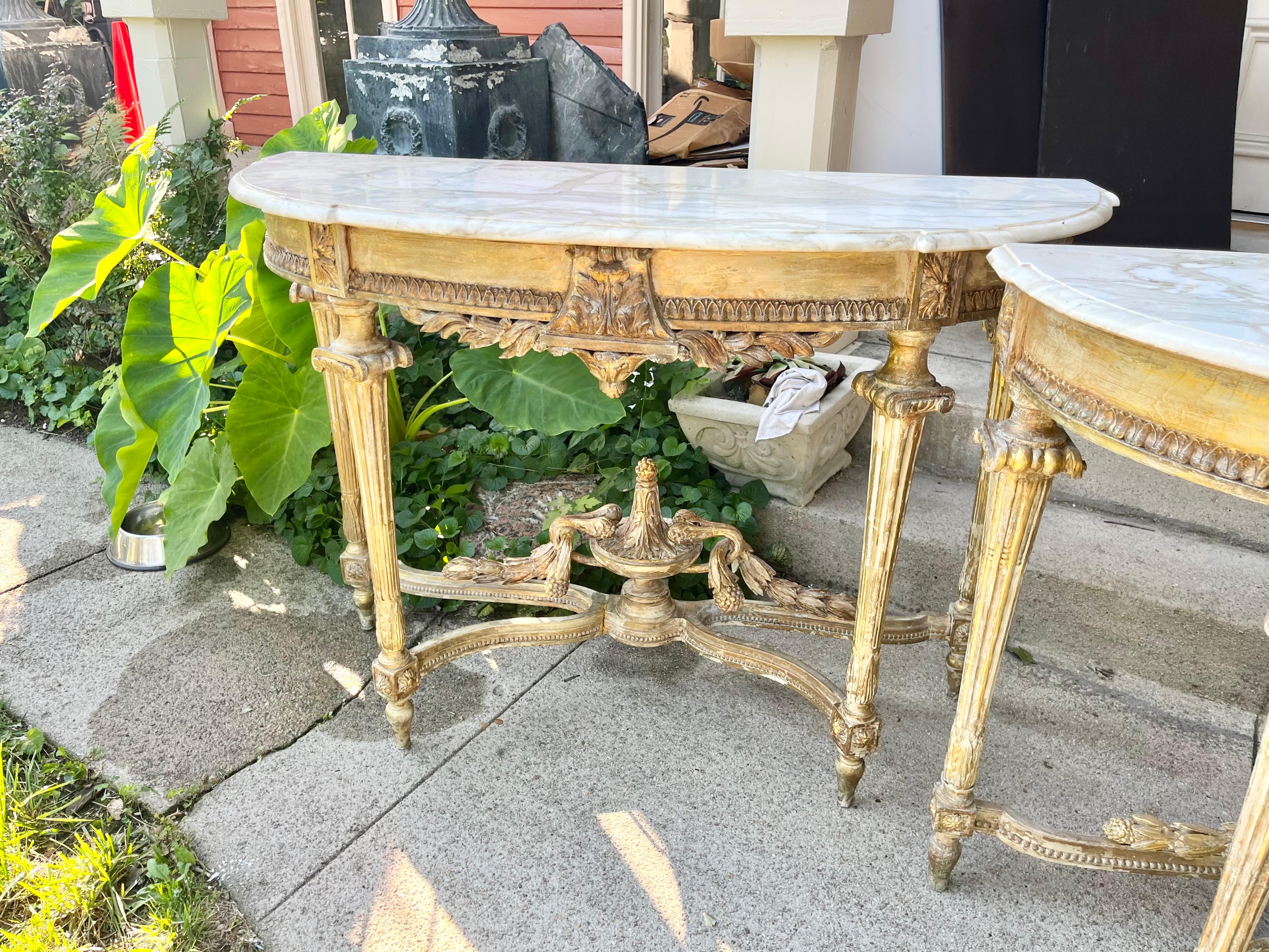 Pair Of Louis XVI Style Distressed Paint and Parcel Gilt Marble Topped Consoles 5