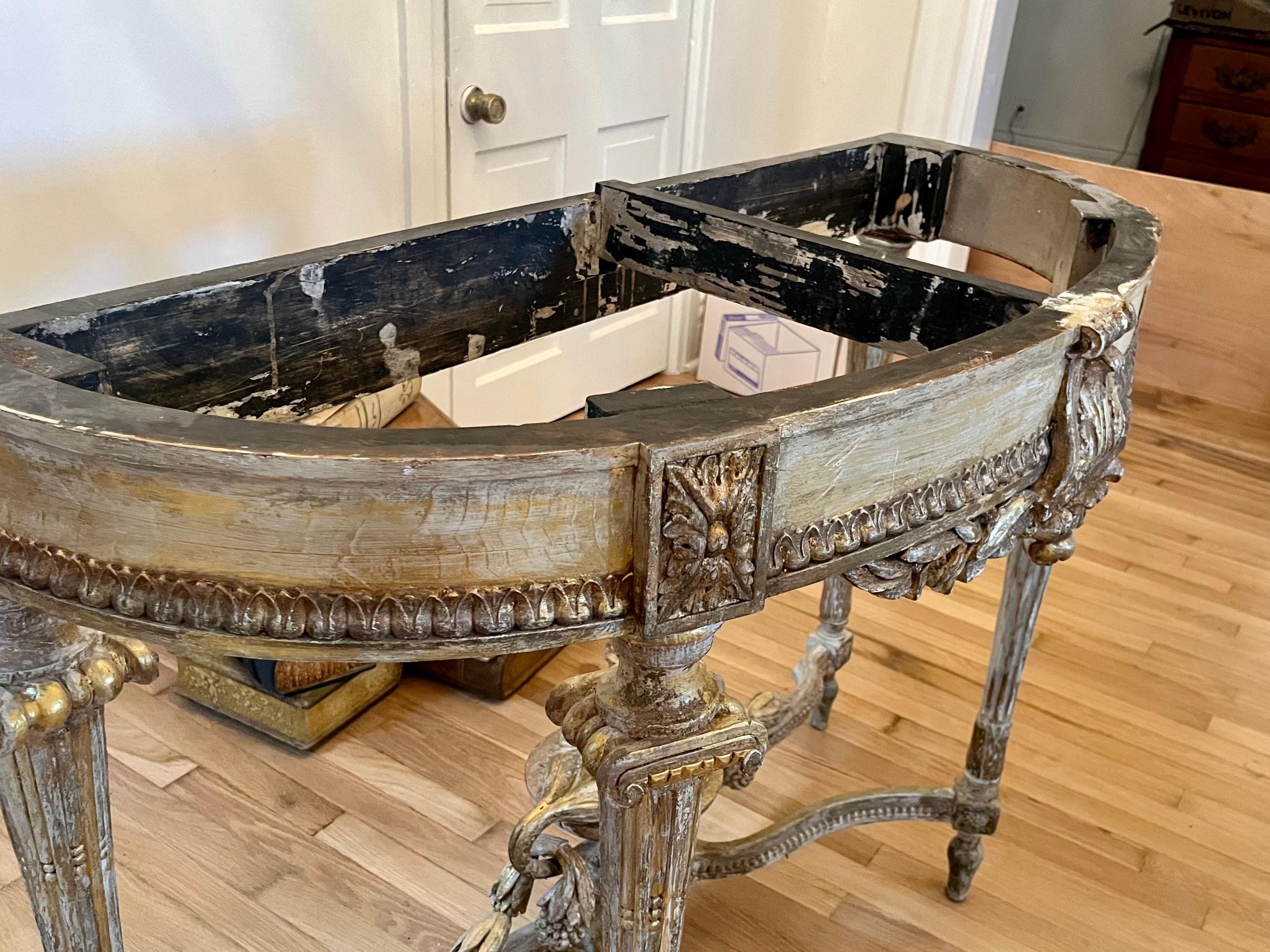 Pair Of Louis XVI Style Distressed Paint and Parcel Gilt Marble Topped Consoles 3