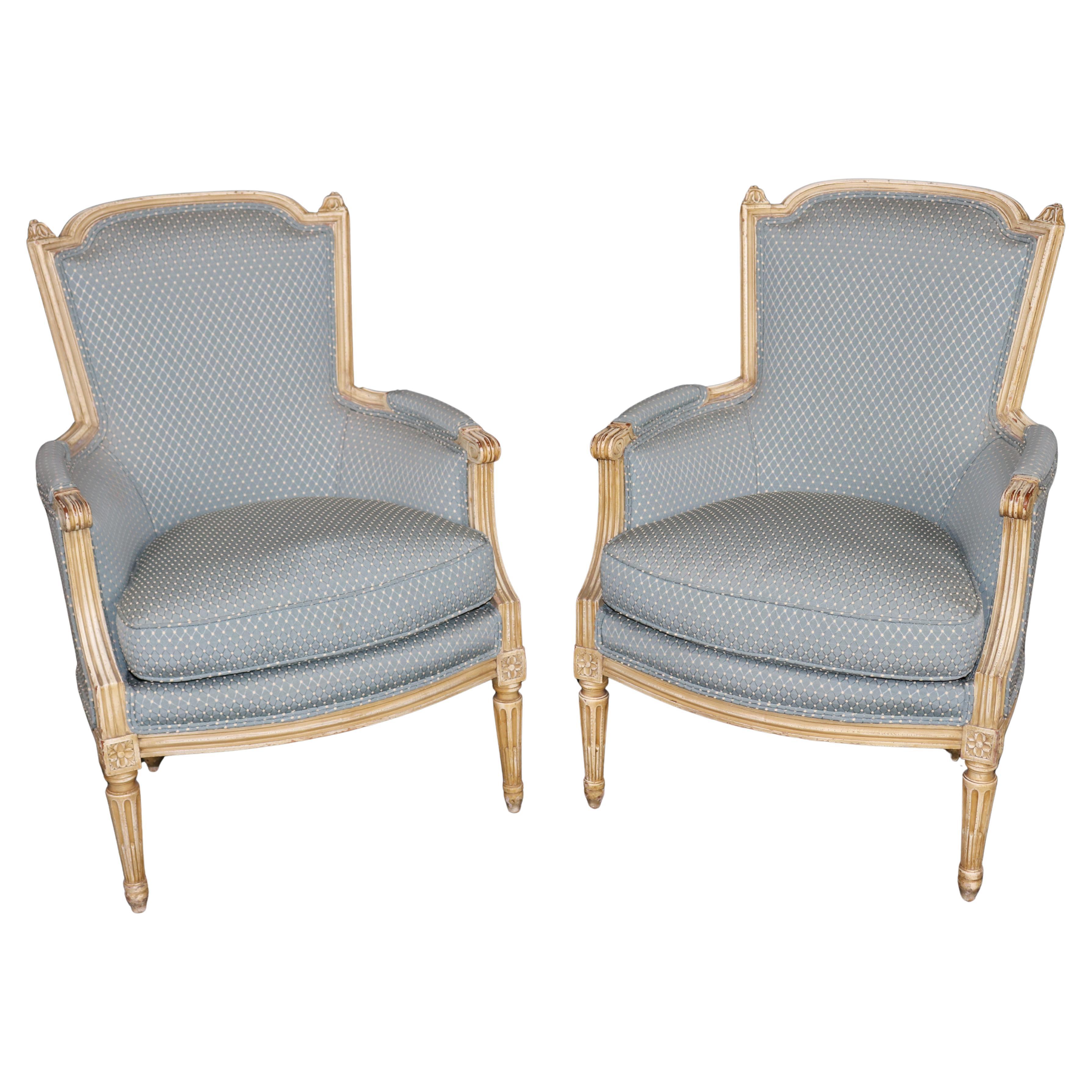 Pair of Louis XVI Style Distressed Paint Decorated Armchairs By Maison Jansen