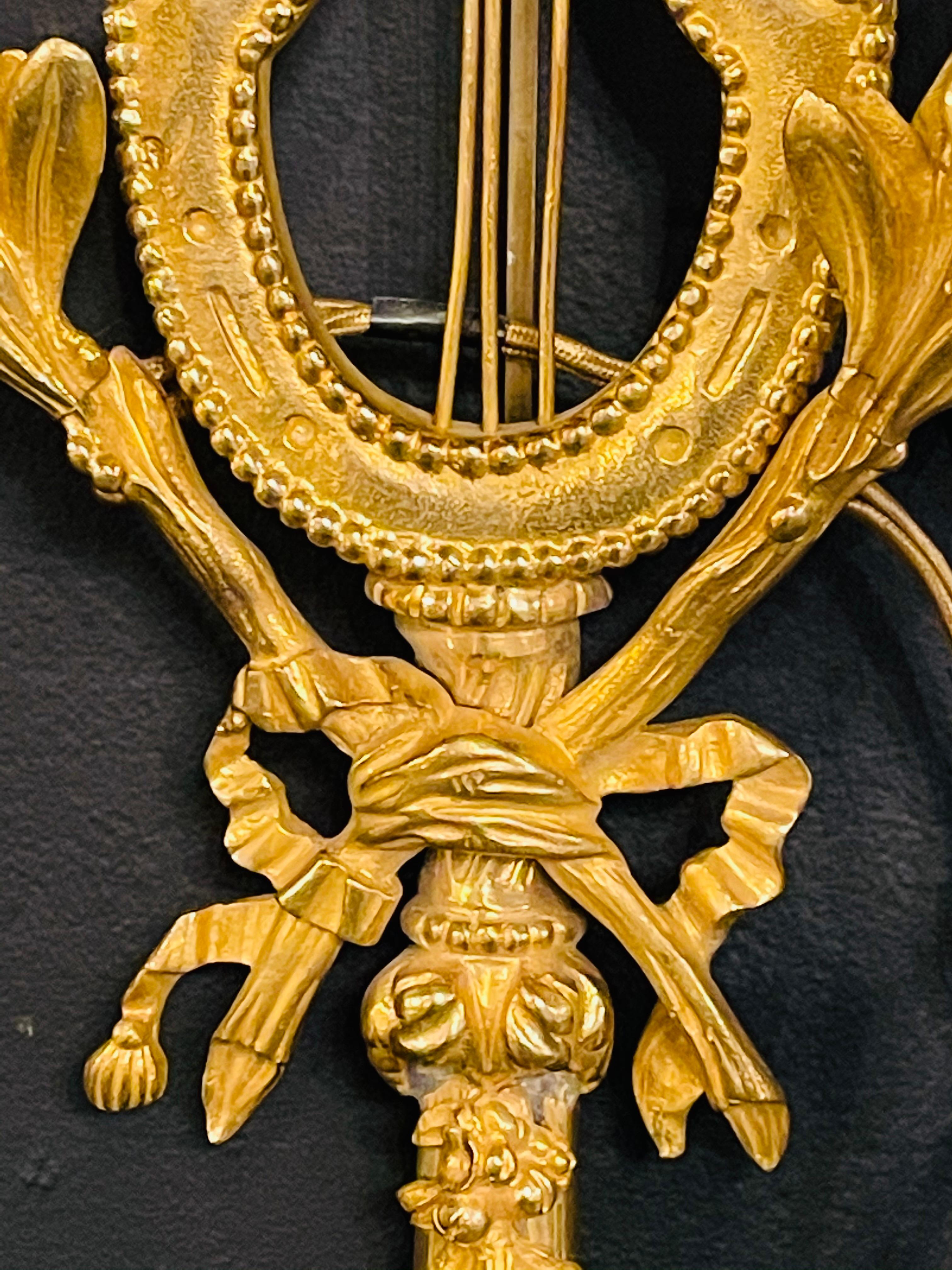 Pair of Louis XVI Style Doré Bronze Sconces Monumental Ribbon and Tassel Form For Sale 4