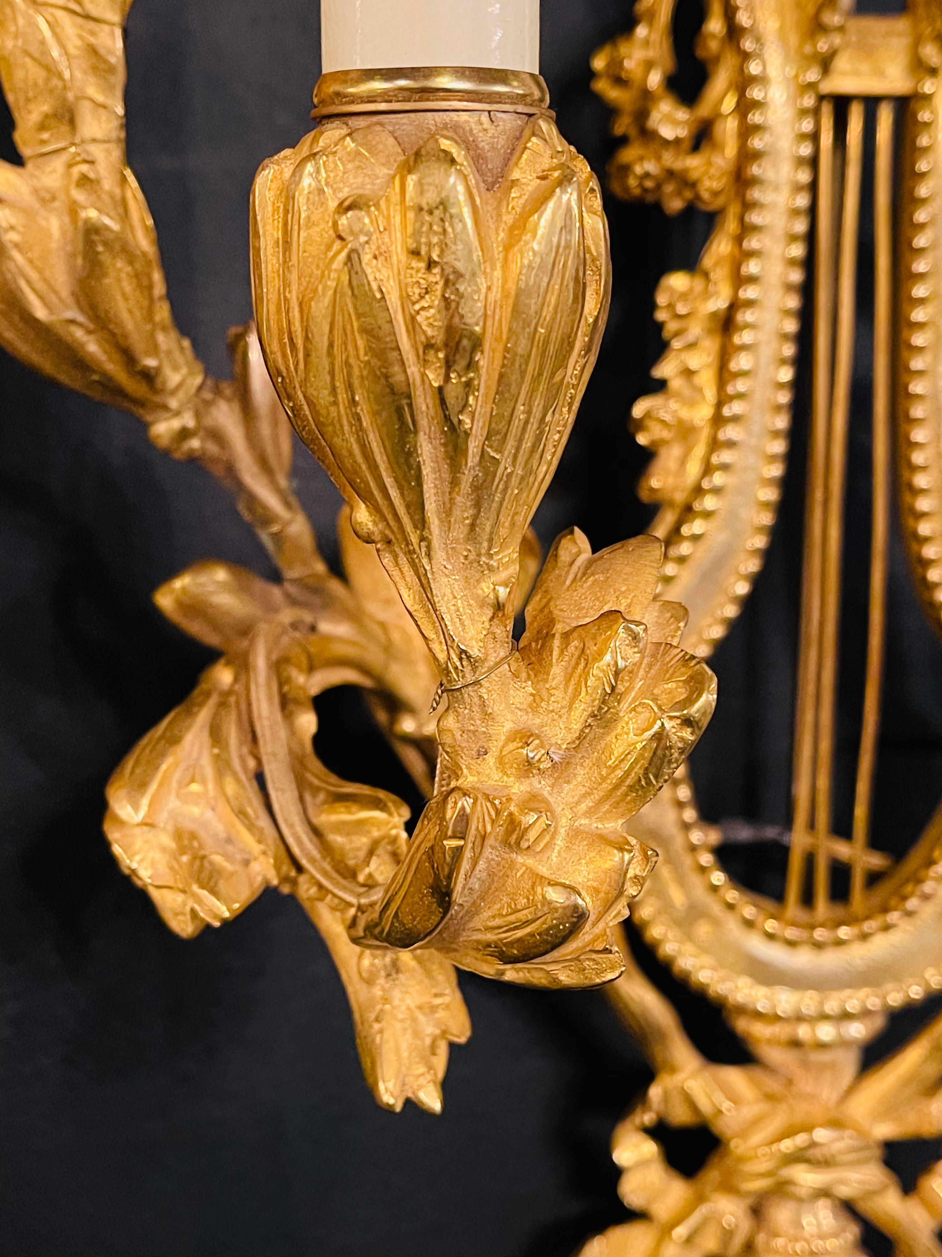 Pair of Louis XVI Style Doré Bronze Sconces Monumental Ribbon and Tassel Form For Sale 5