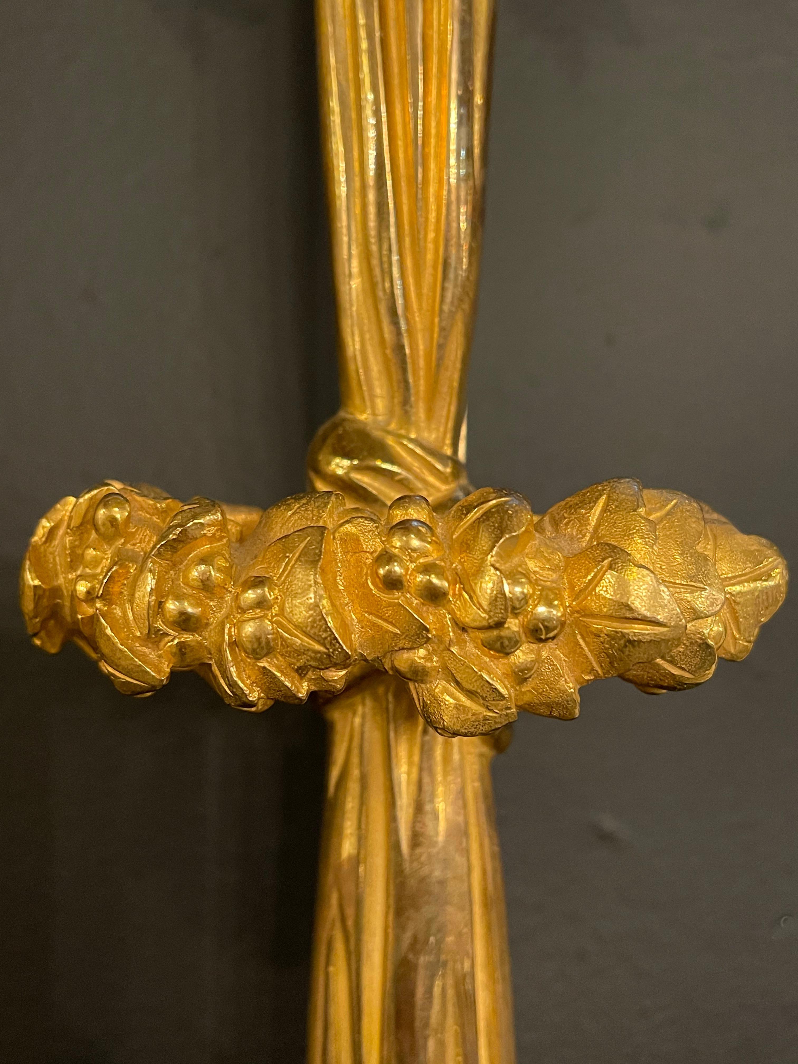 Pair of Louis XVI Style Doré Bronze Sconces Monumental Ribbon and Tassel Form For Sale 7