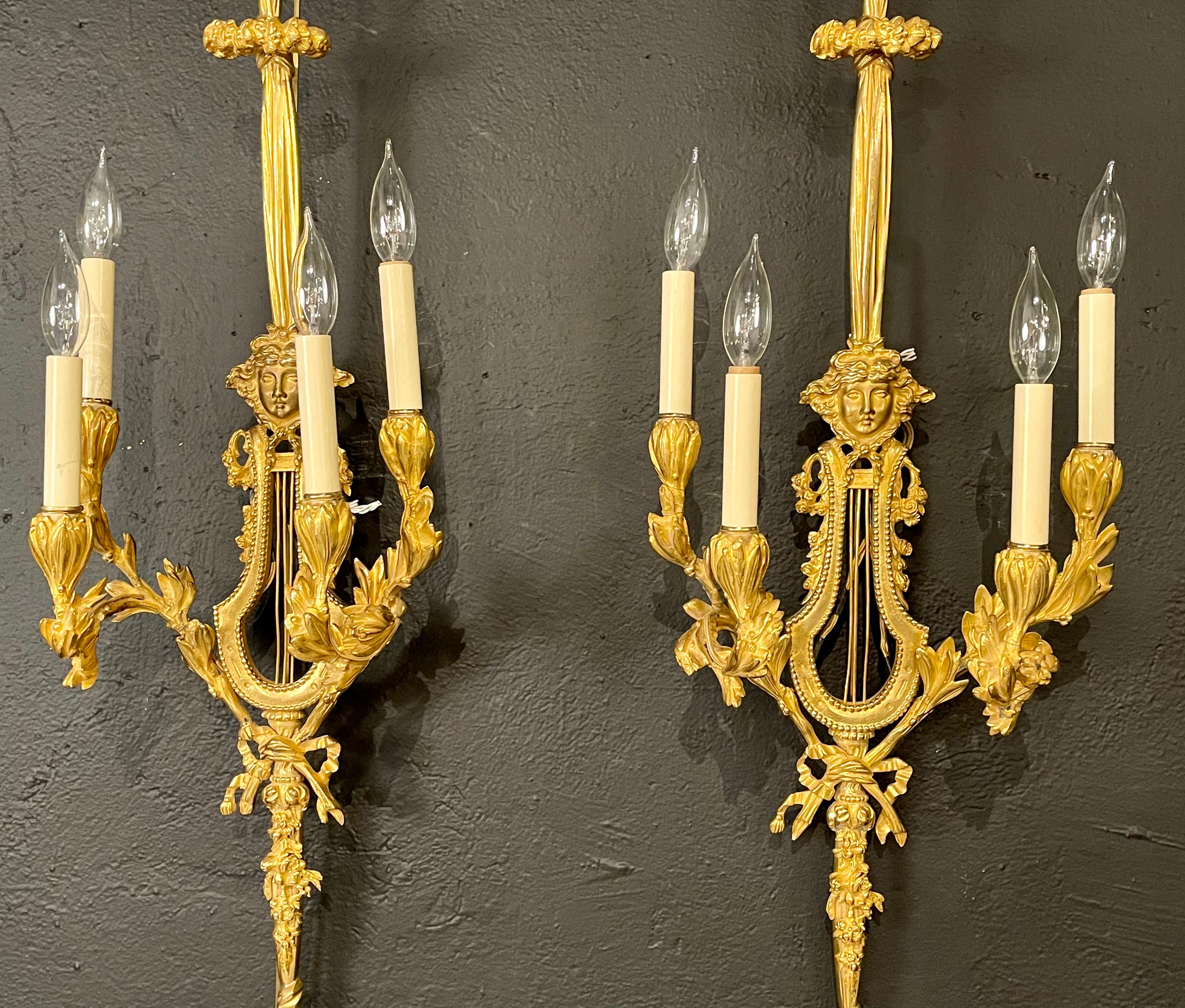 French Pair of Louis XVI Style Doré Bronze Sconces Monumental Ribbon and Tassel Form For Sale