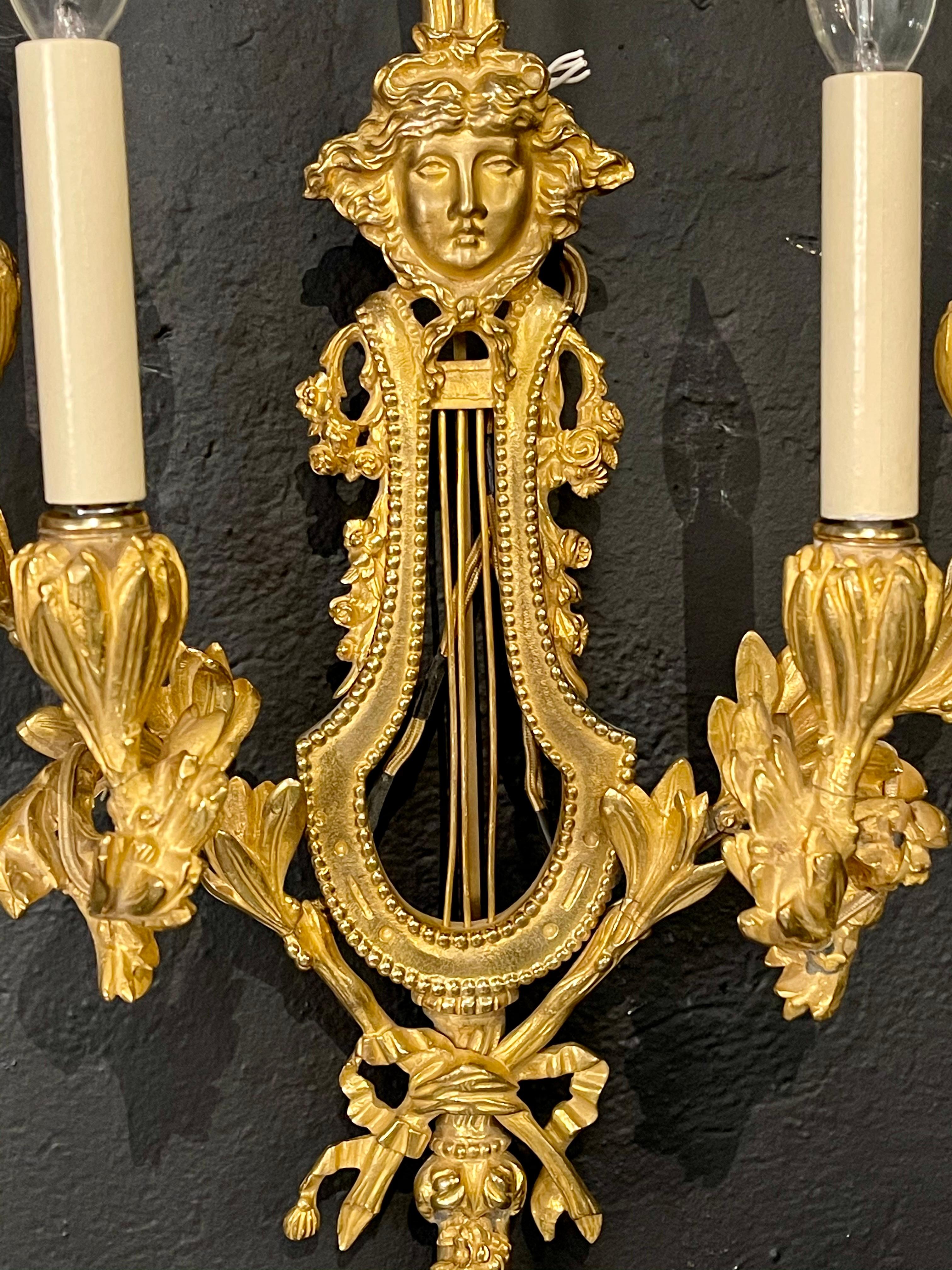 20th Century Pair of Louis XVI Style Doré Bronze Sconces Monumental Ribbon and Tassel Form For Sale