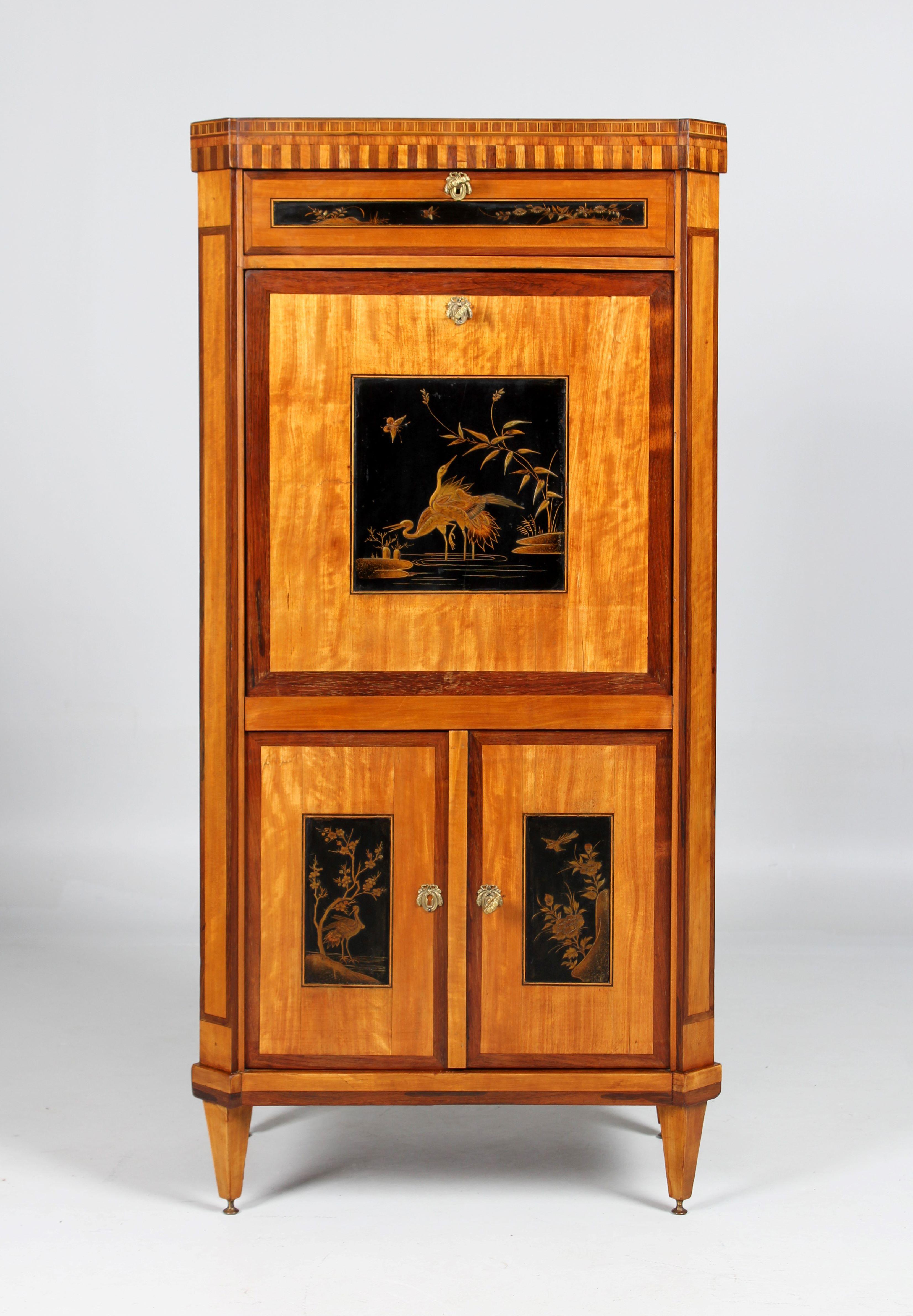 Satinwood Pair of Louis XVI Style Dutch Chinoiserie Secretary and High Chest For Sale