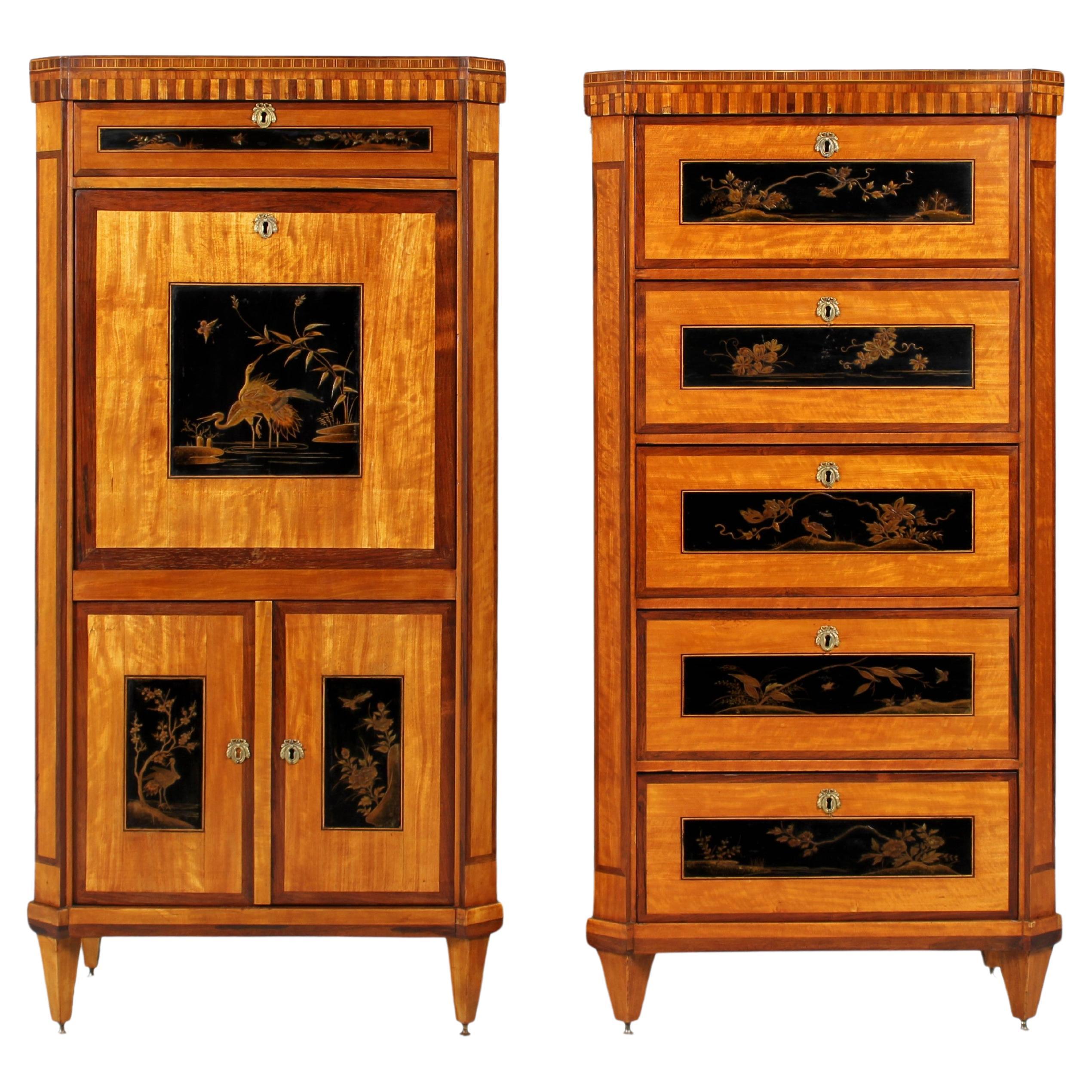 Pair of Louis XVI Style Dutch Chinoiserie Secretary and High Chest For Sale