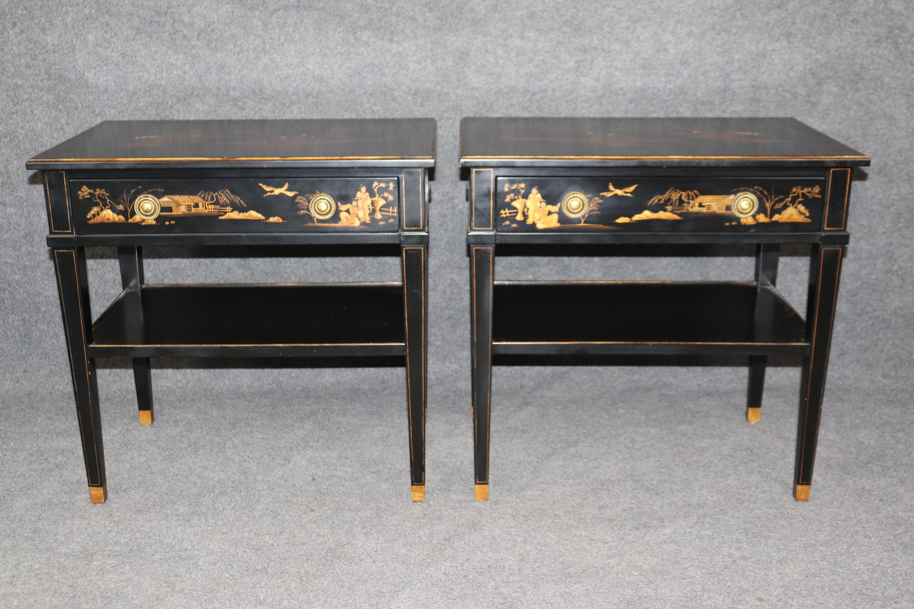 Dimensions- H: 27 1/4in W: 28in D: 18in

This vintage pair of Louis XVI style ebonized Chinoiserie paint decorated nightstands is made of the highest quality! If you look at the photos provided, you can see the beautiful designs throughout the
