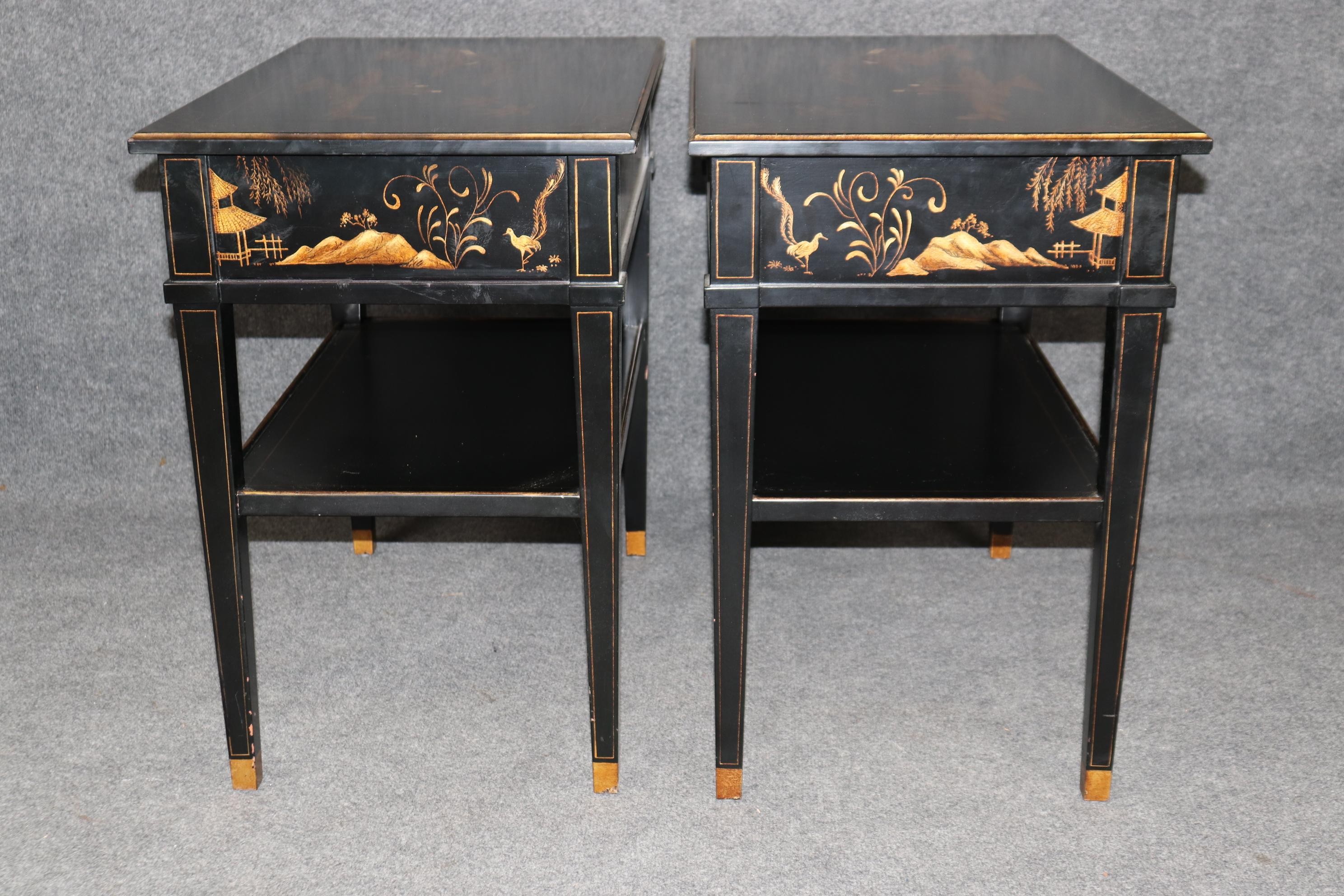 Unknown Pair of Louis XVI Style Ebonized Chinoiserie Paint Decorated Nightstands