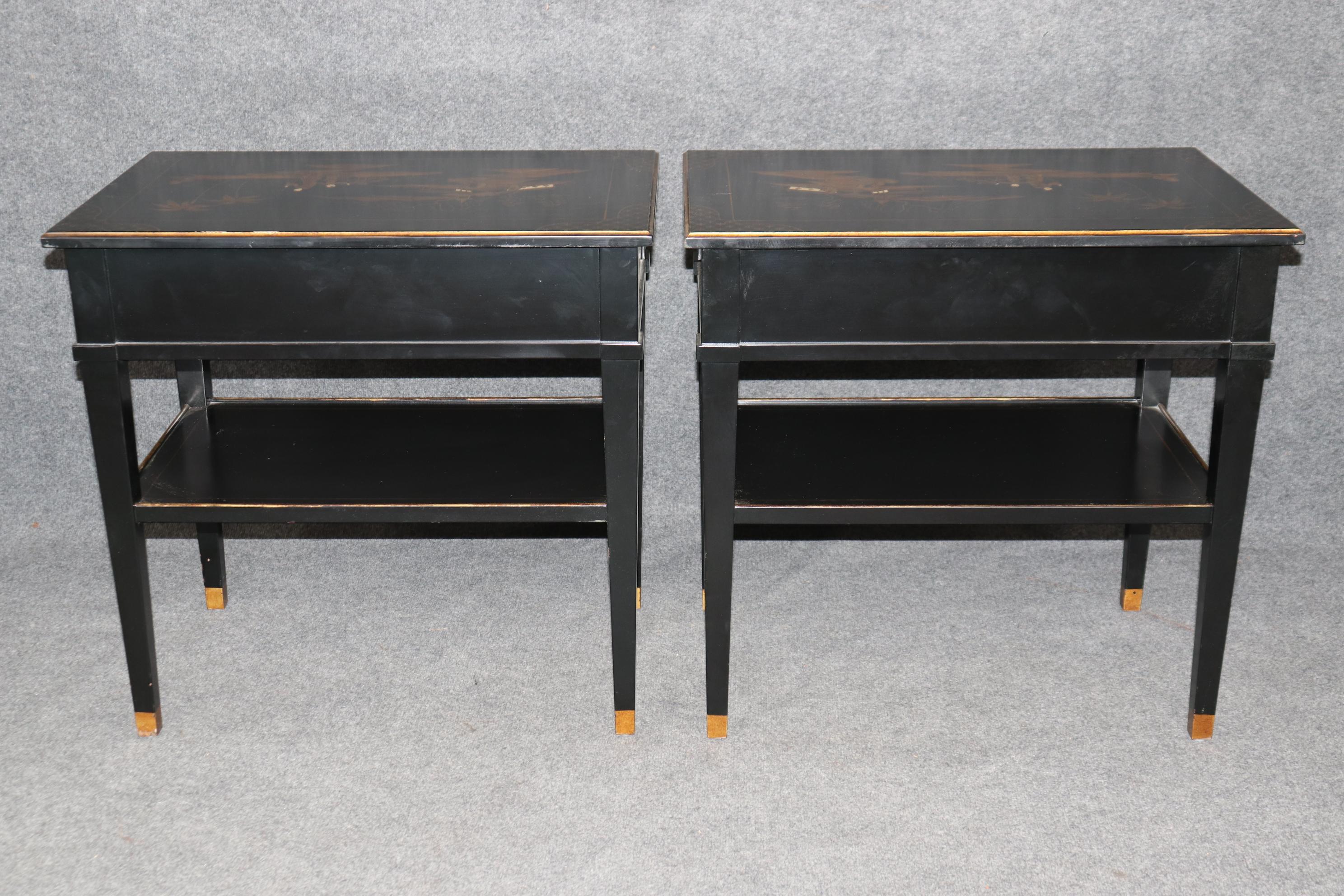Hand-Painted Pair of Louis XVI Style Ebonized Chinoiserie Paint Decorated Nightstands