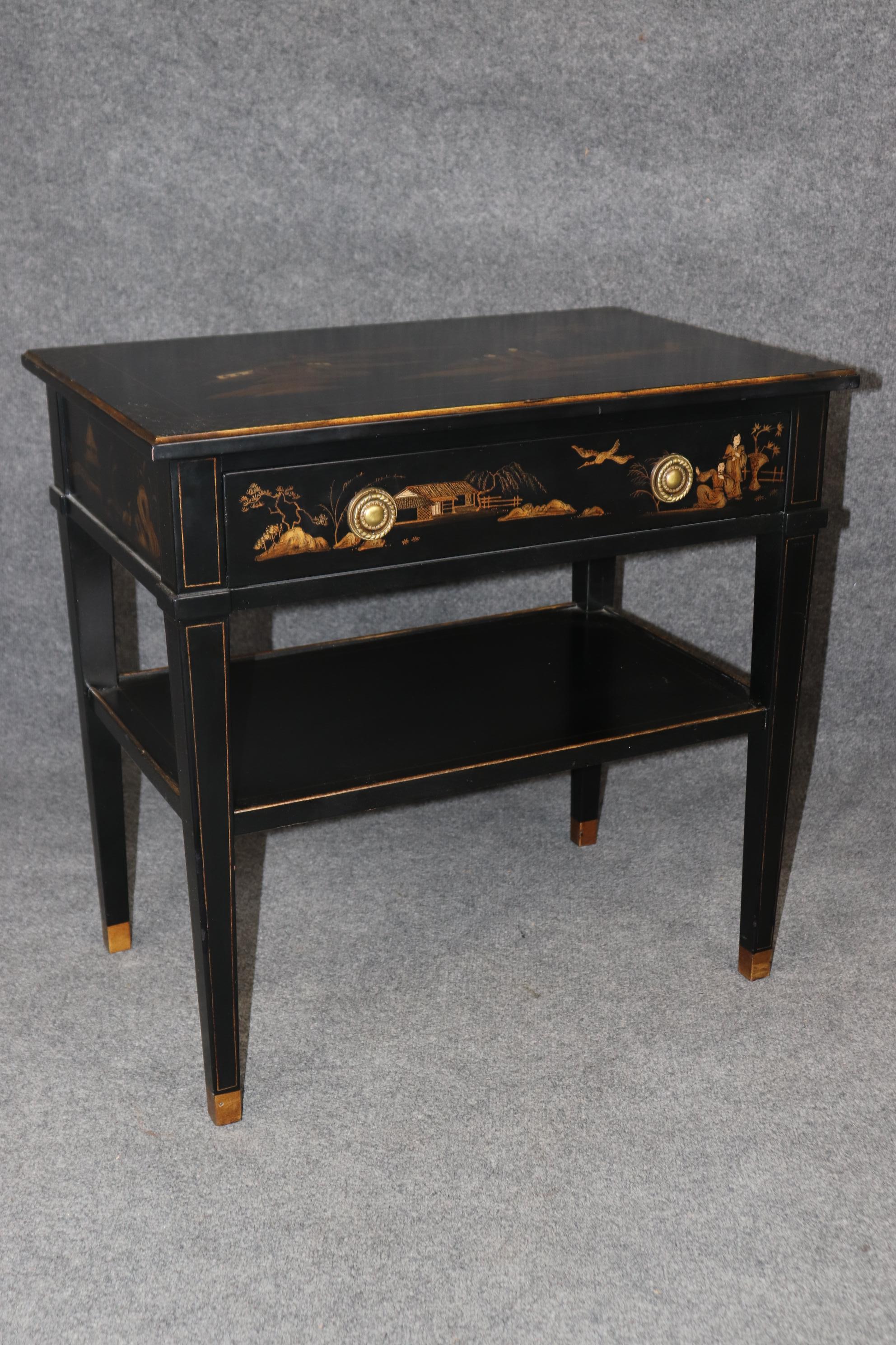 20th Century Pair of Louis XVI Style Ebonized Chinoiserie Paint Decorated Nightstands