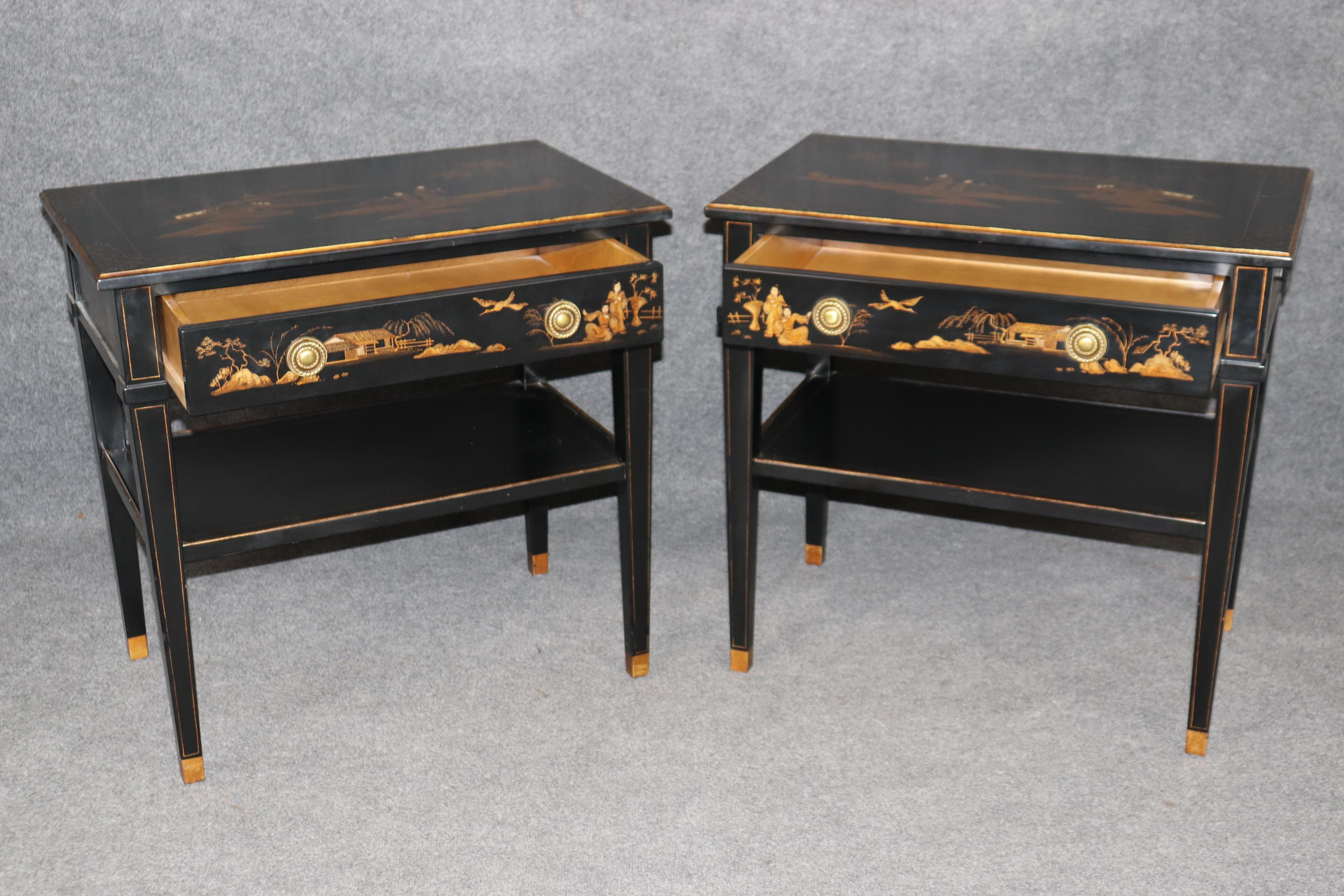 Brass Pair of Louis XVI Style Ebonized Chinoiserie Paint Decorated Nightstands