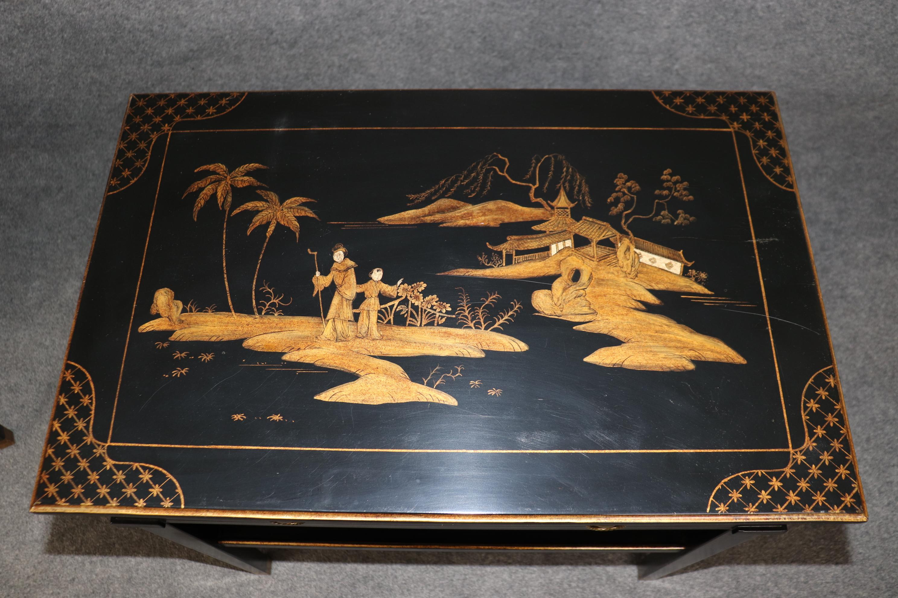 Pair of Louis XVI Style Ebonized Chinoiserie Paint Decorated Nightstands 1