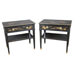 Pair of Louis XVI Style Ebonized Chinoiserie Paint Decorated Nightstands